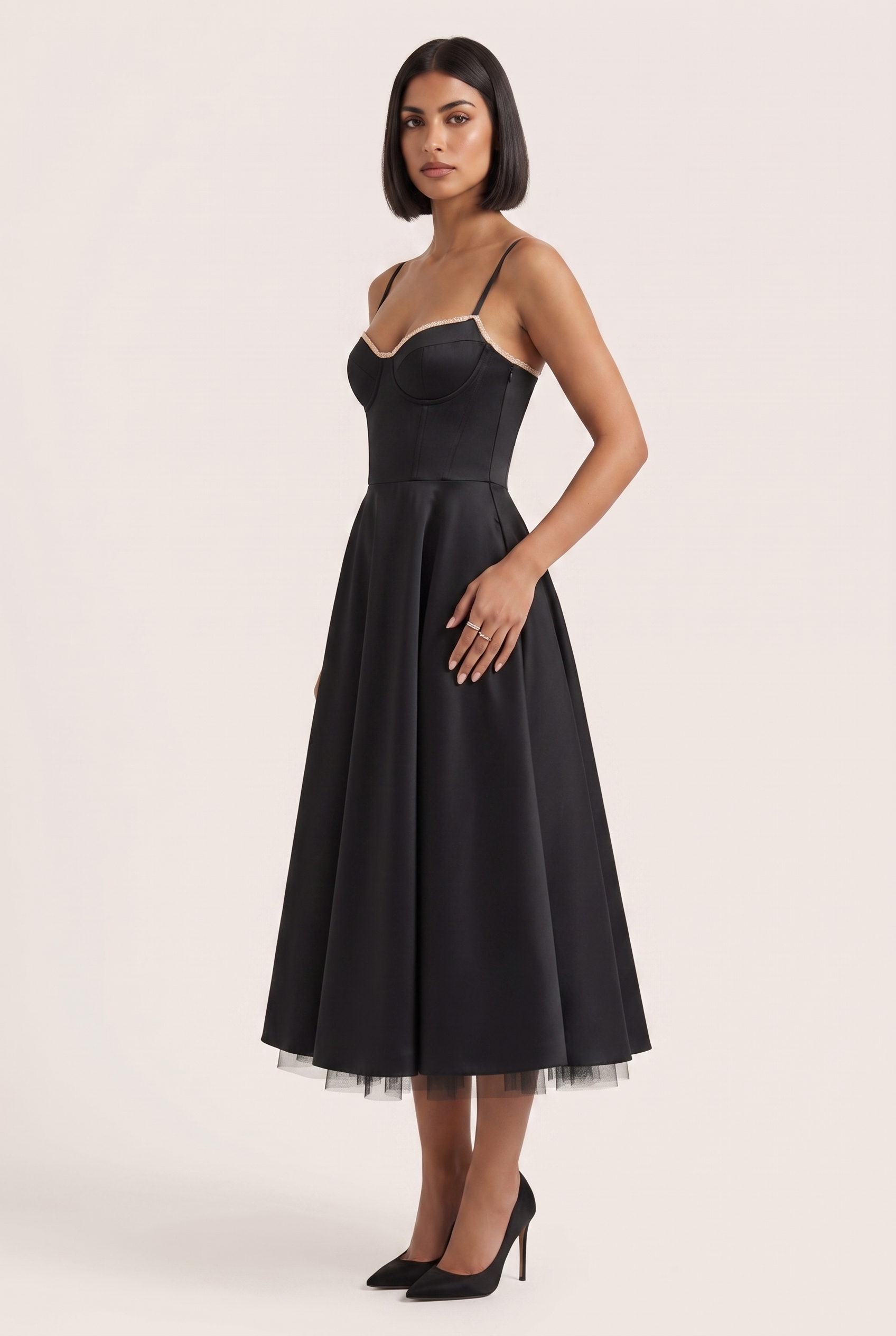 Black Satin Corset Midi Dress with Tulle Hem - Side View