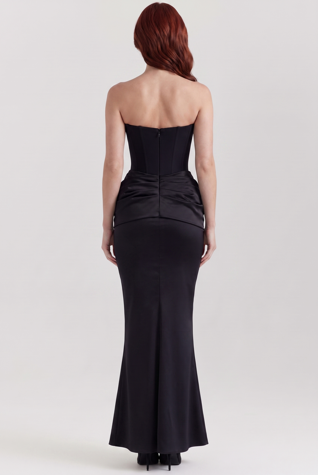 Black Strapless Corset Maxi Dress with Draped Satin Skirt - Back View