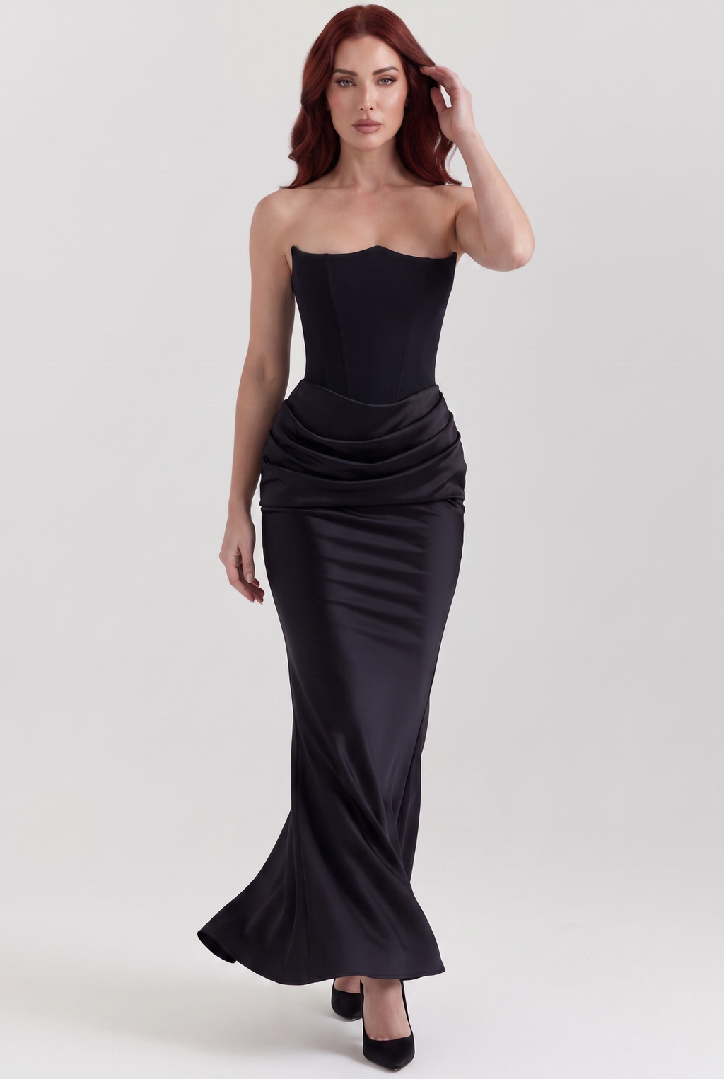 Black Strapless Corset Maxi Dress with Draped Satin Skirt - Front View in Motion