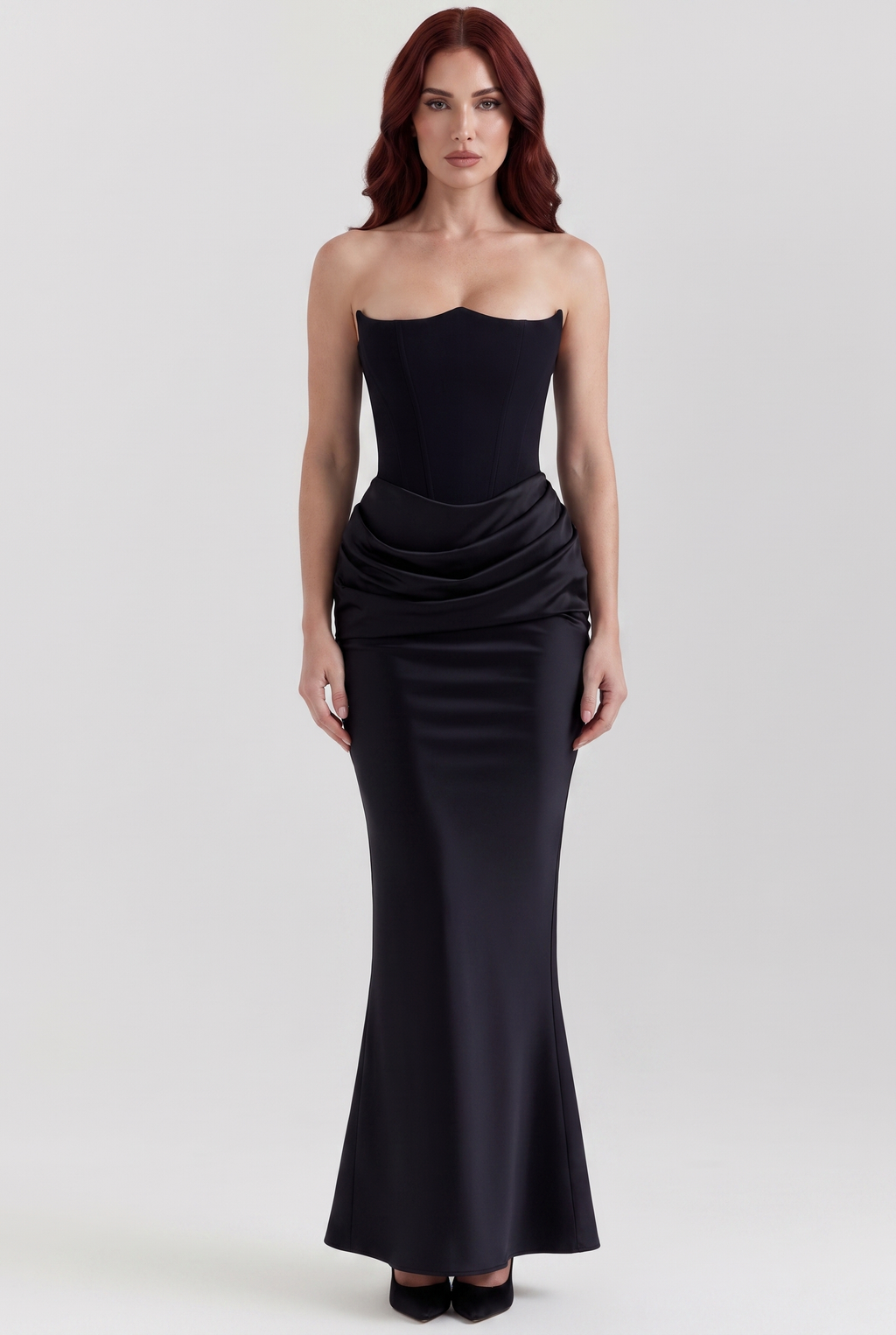 Black Strapless Corset Maxi Dress with Draped Satin Skirt - Front View