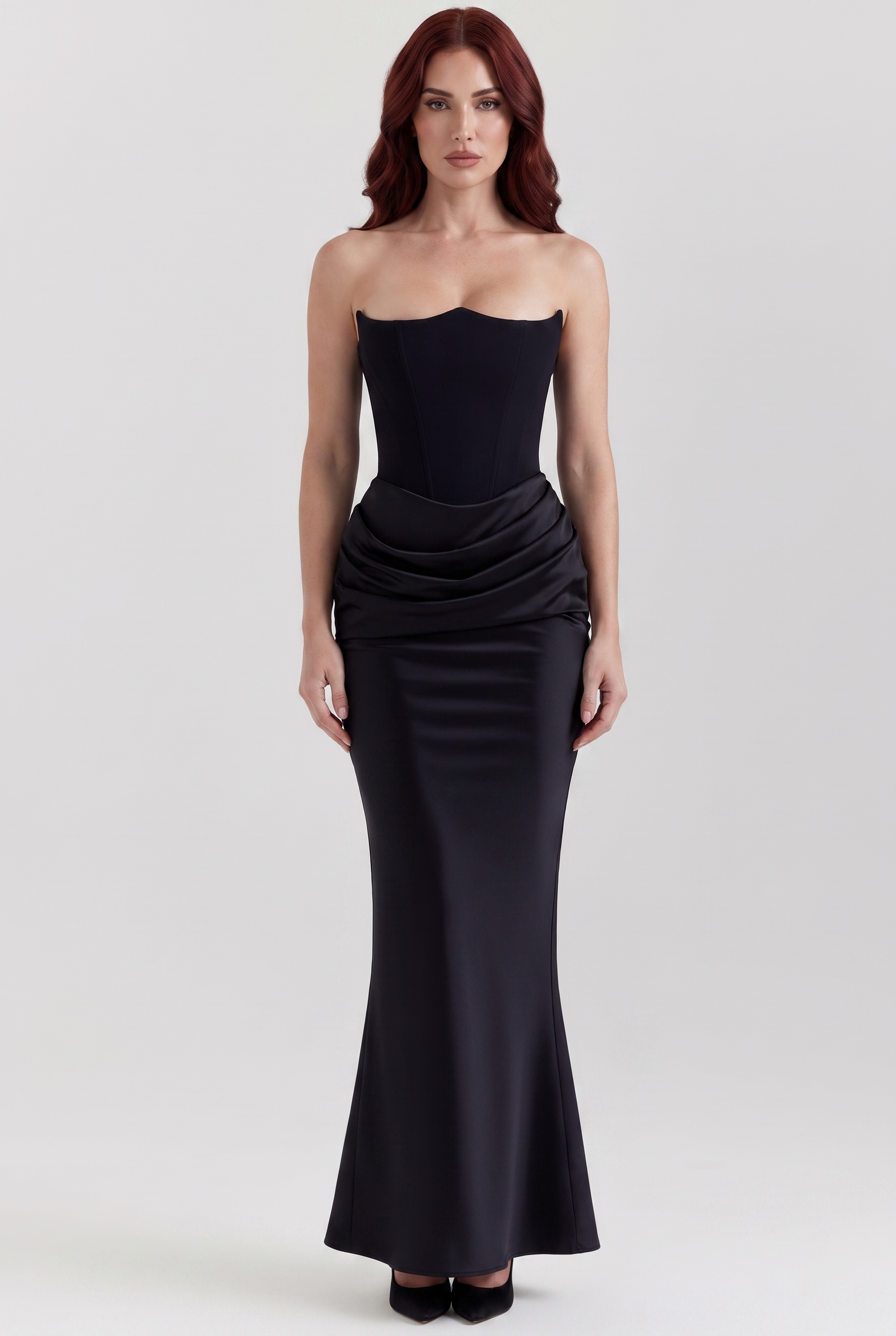 Black Strapless Corset Maxi Dress with Draped Satin Skirt - Front View