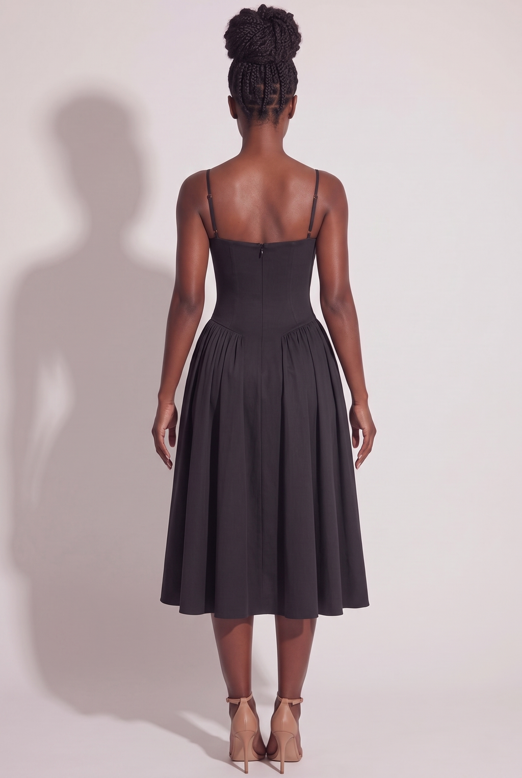 Black Twill Sweetheart Midi Dress with Pockets - Back View