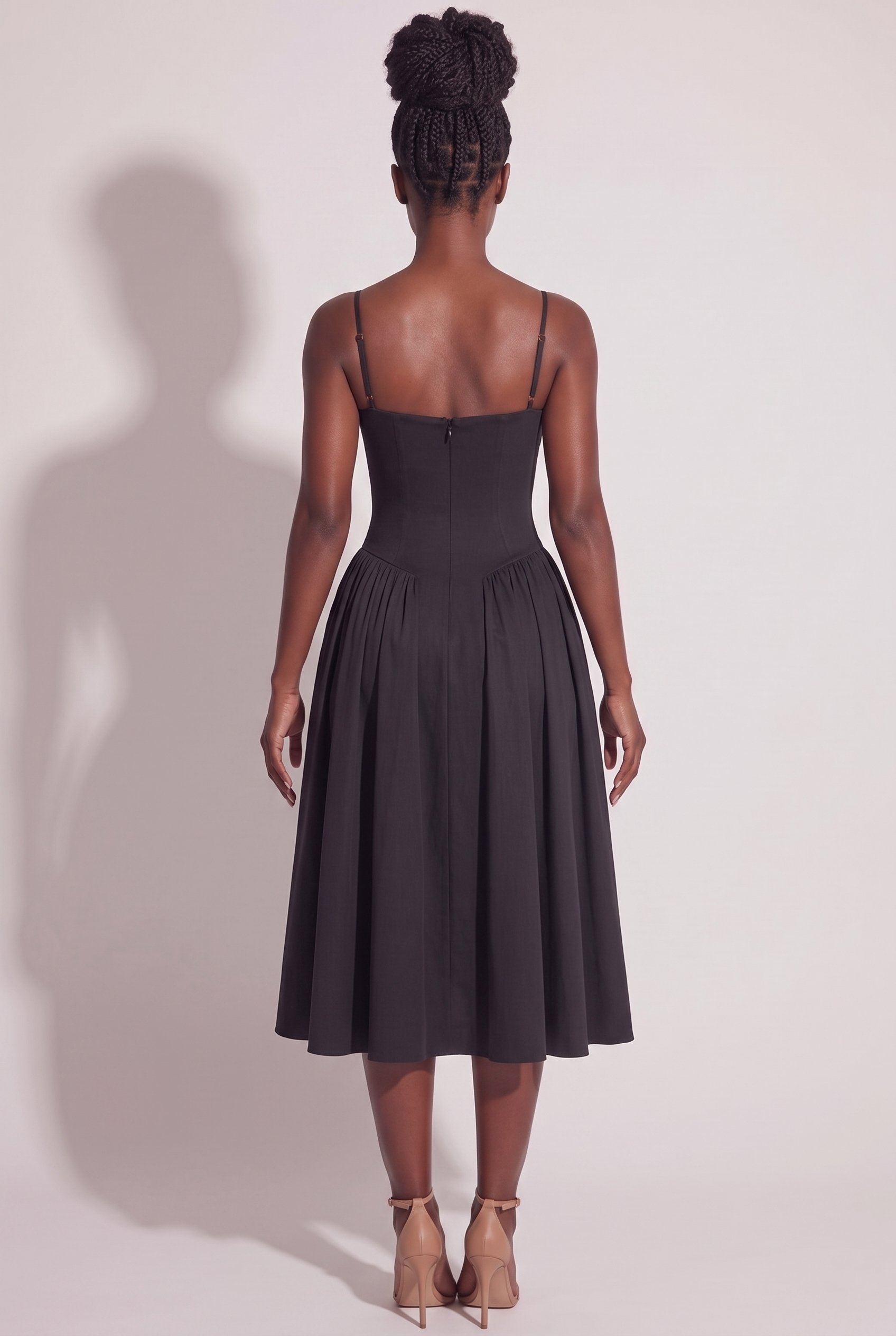 Black Twill Sweetheart Midi Dress with Pockets - Back View