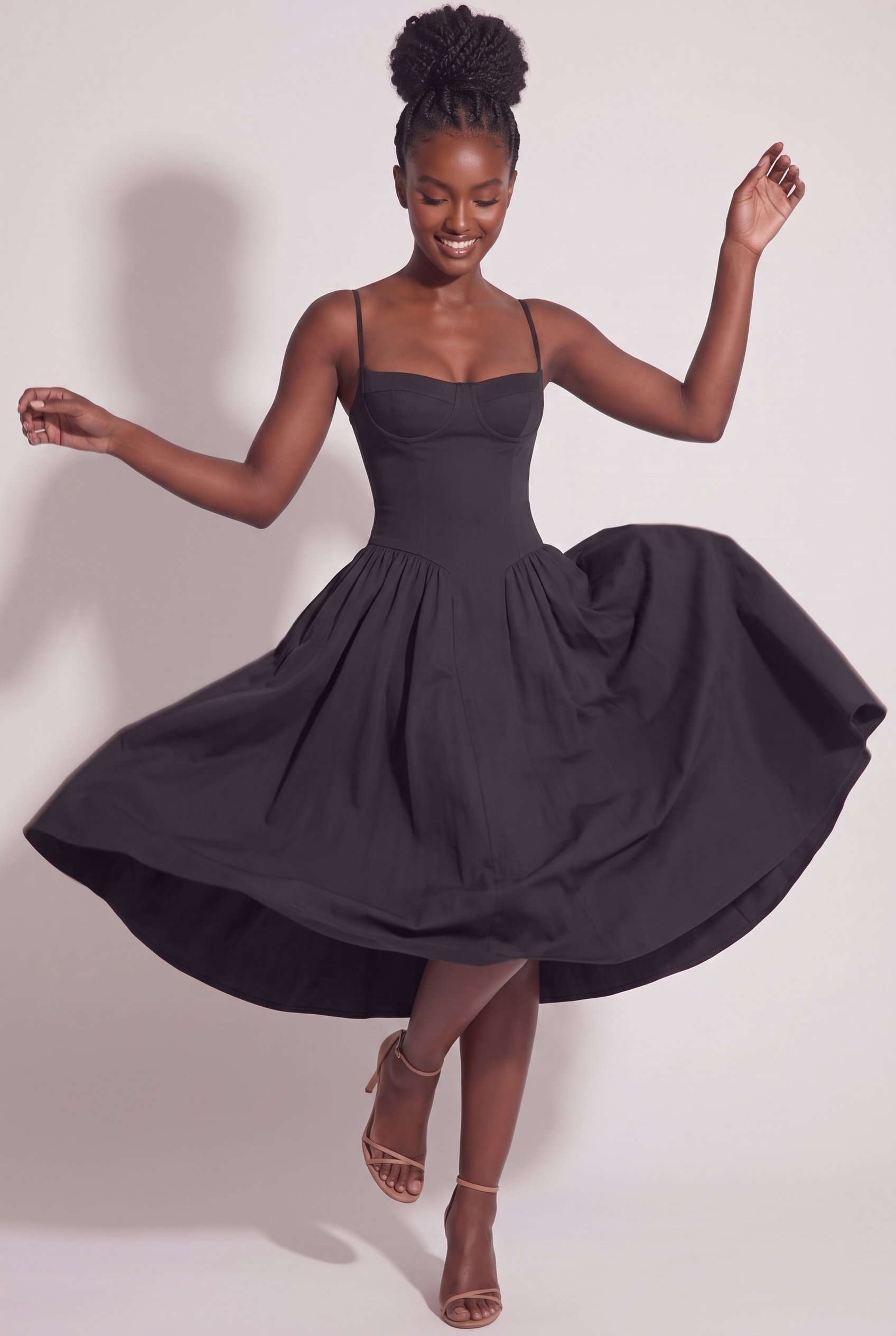 Black Twill Sweetheart Midi Dress with Pockets - Front View