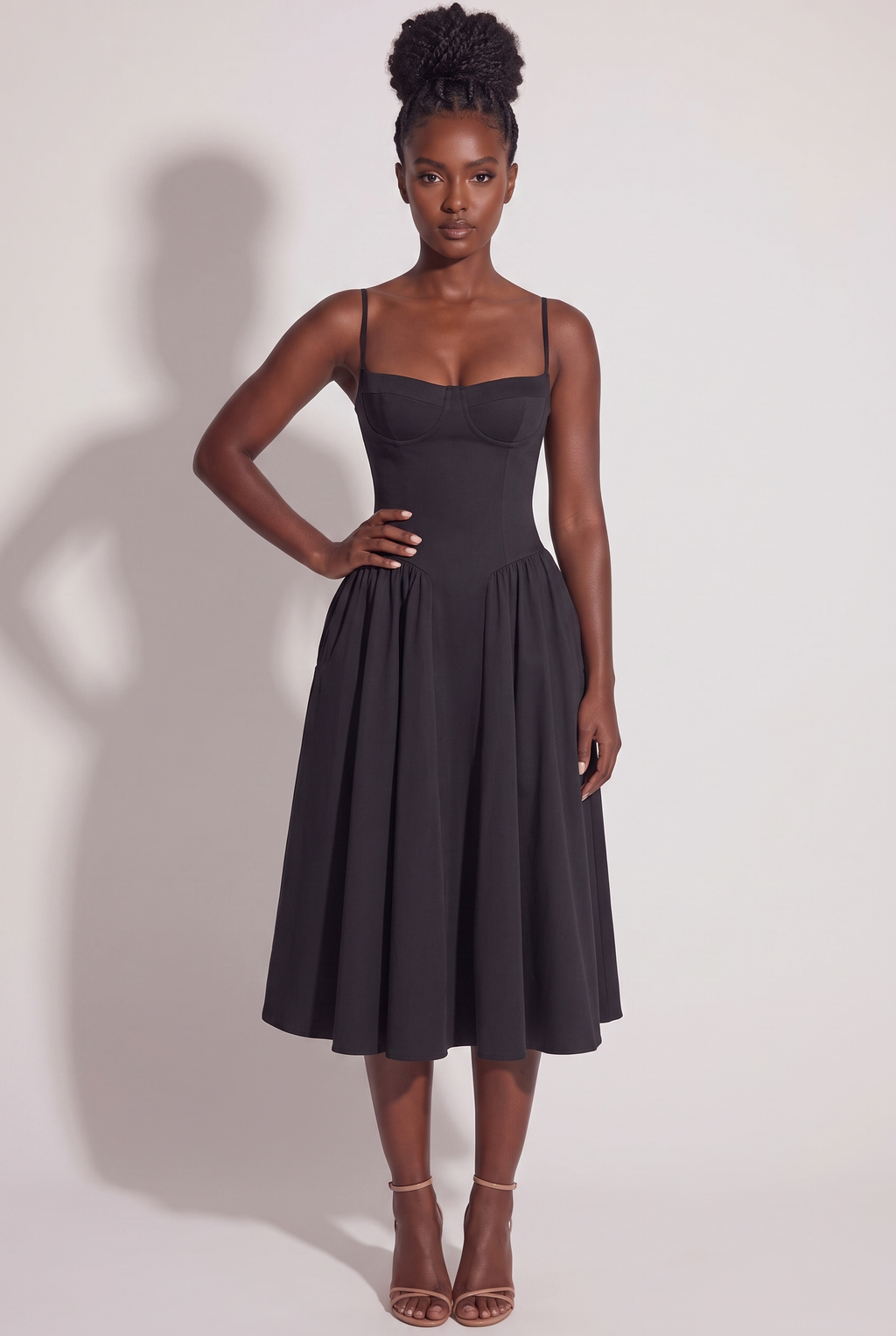 Black Twill Sweetheart Midi Dress with Pockets - Front View