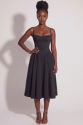Black Twill Sweetheart Midi Dress with Pockets - Front View