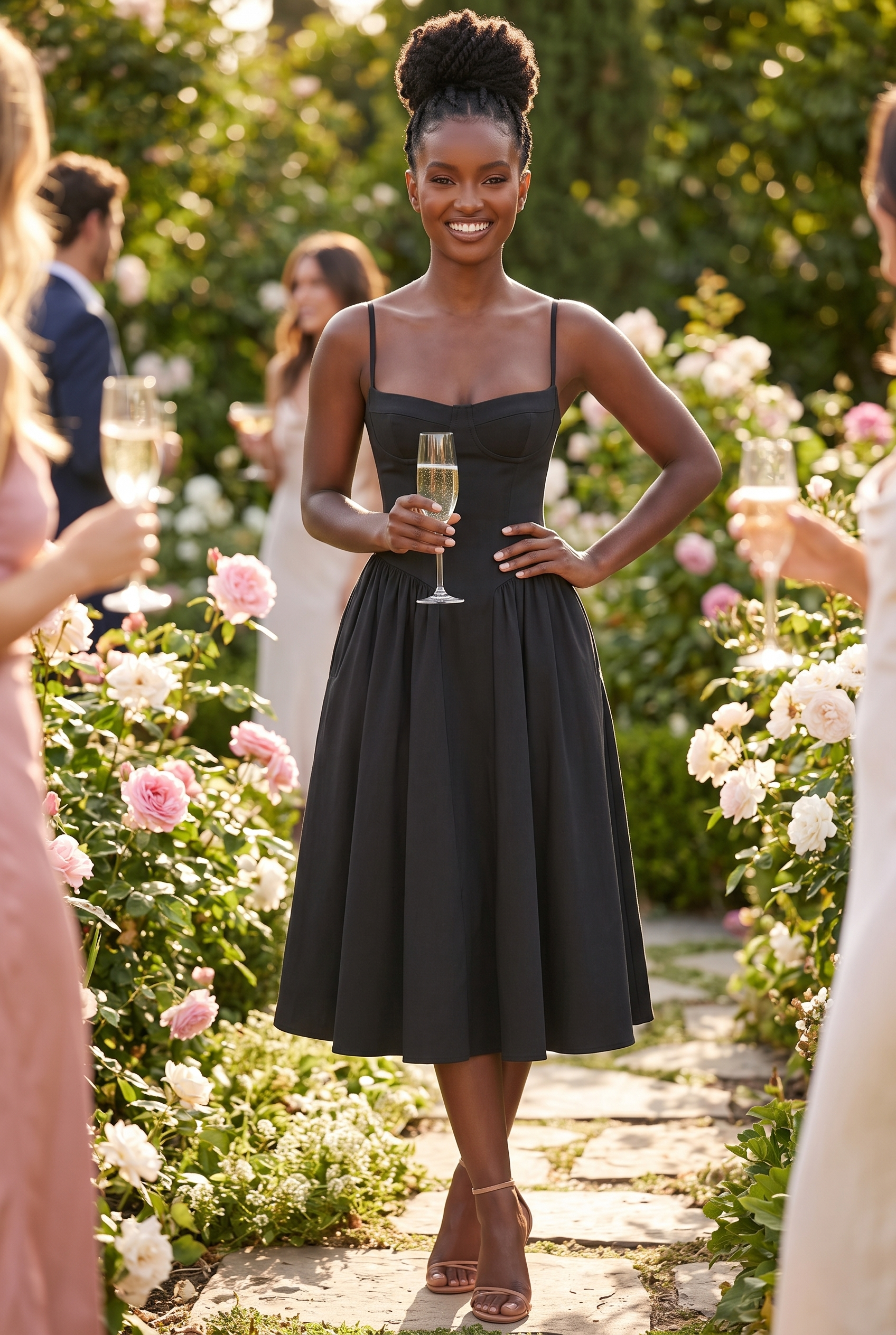 Black Twill Sweetheart Midi Dress with Pockets - Lifestyle