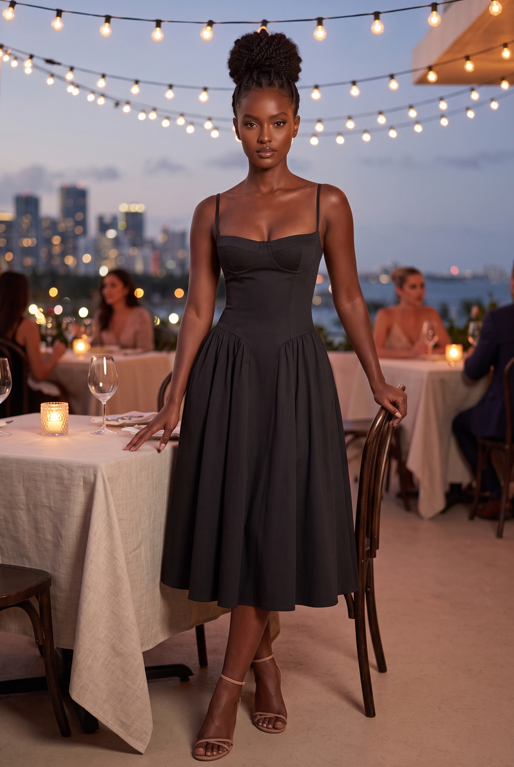 Black Twill Sweetheart Midi Dress with Pockets - Lifestyle