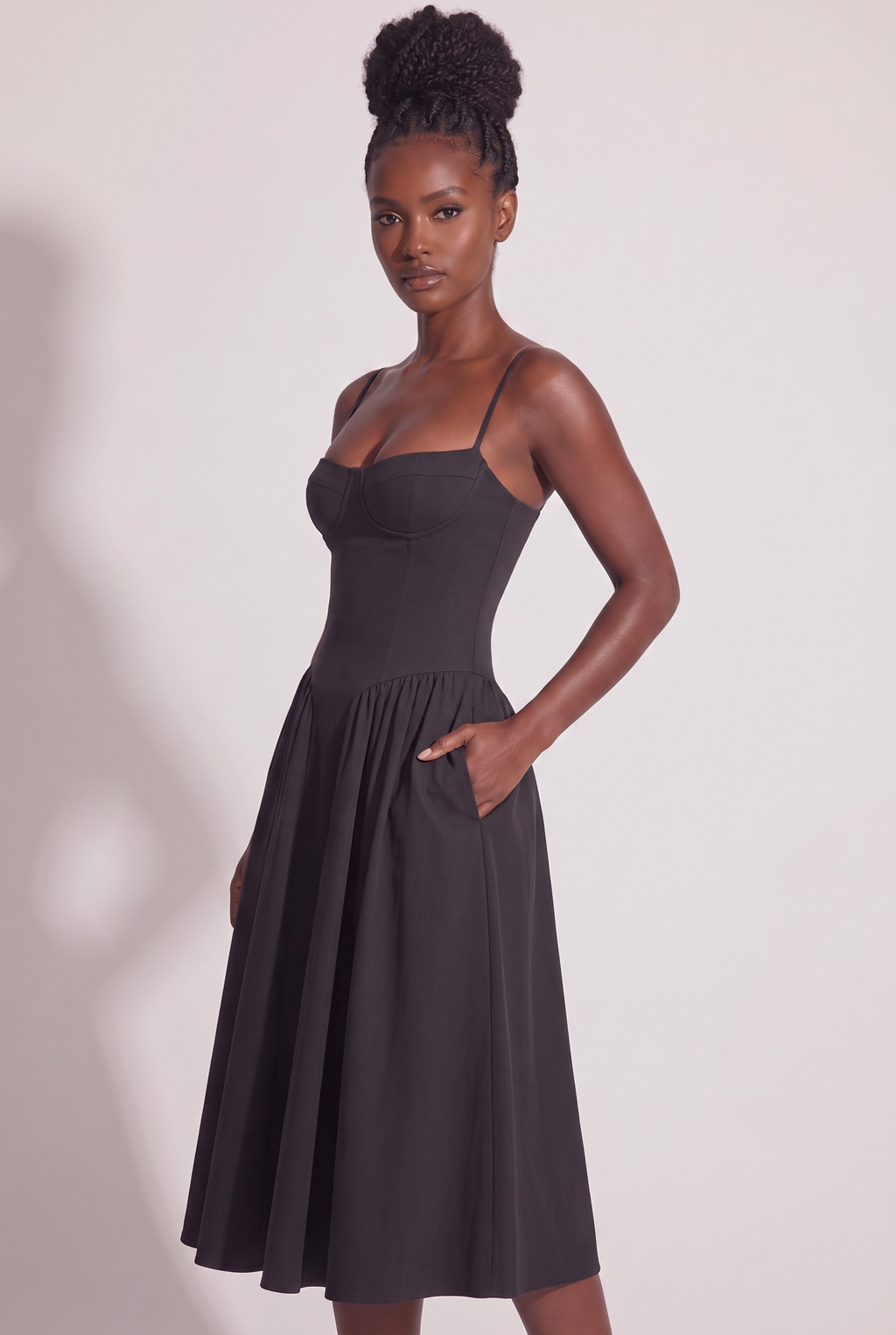 Black Twill Sweetheart Midi Dress with Pockets - Side View