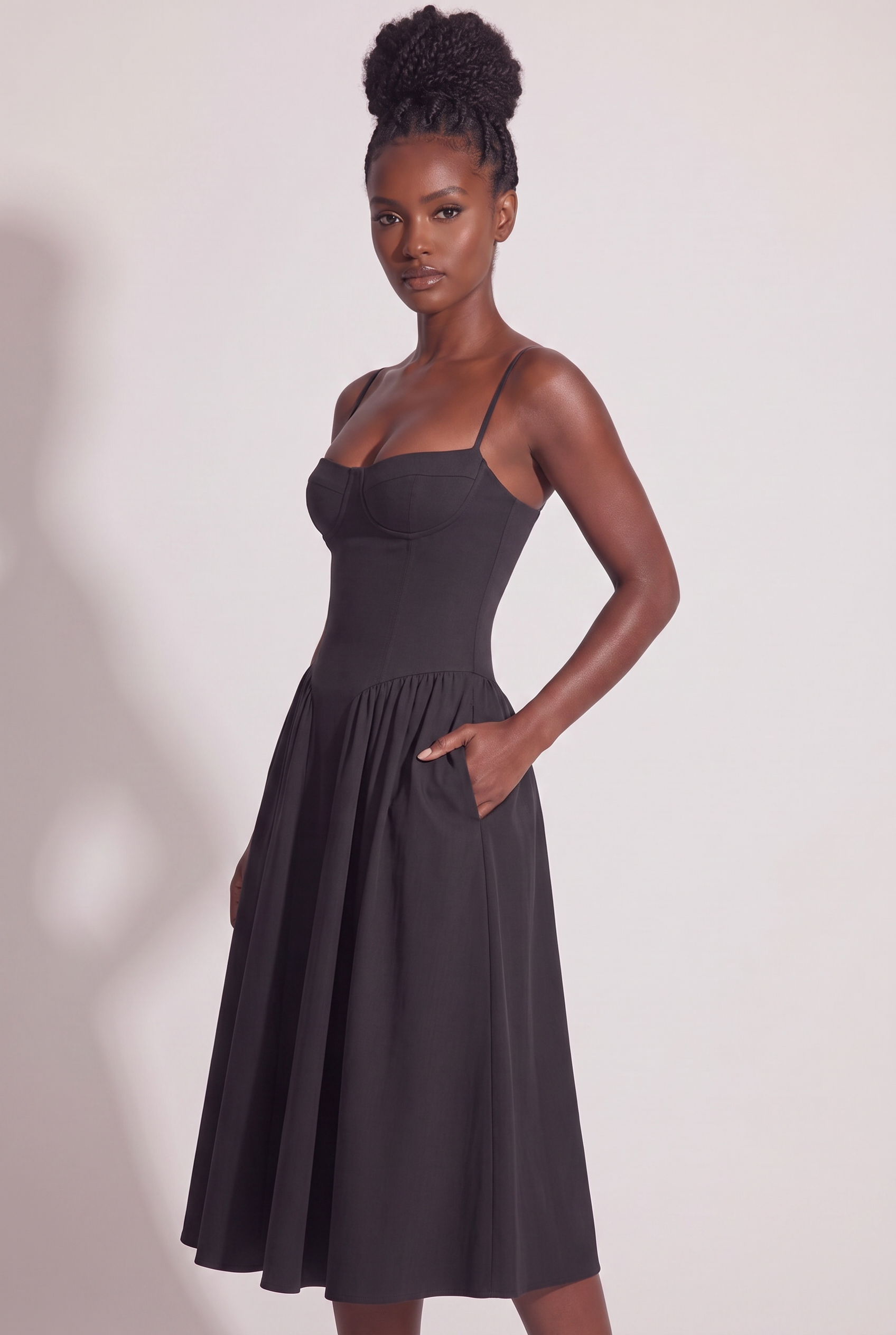Black Twill Sweetheart Midi Dress with Pockets - Side View
