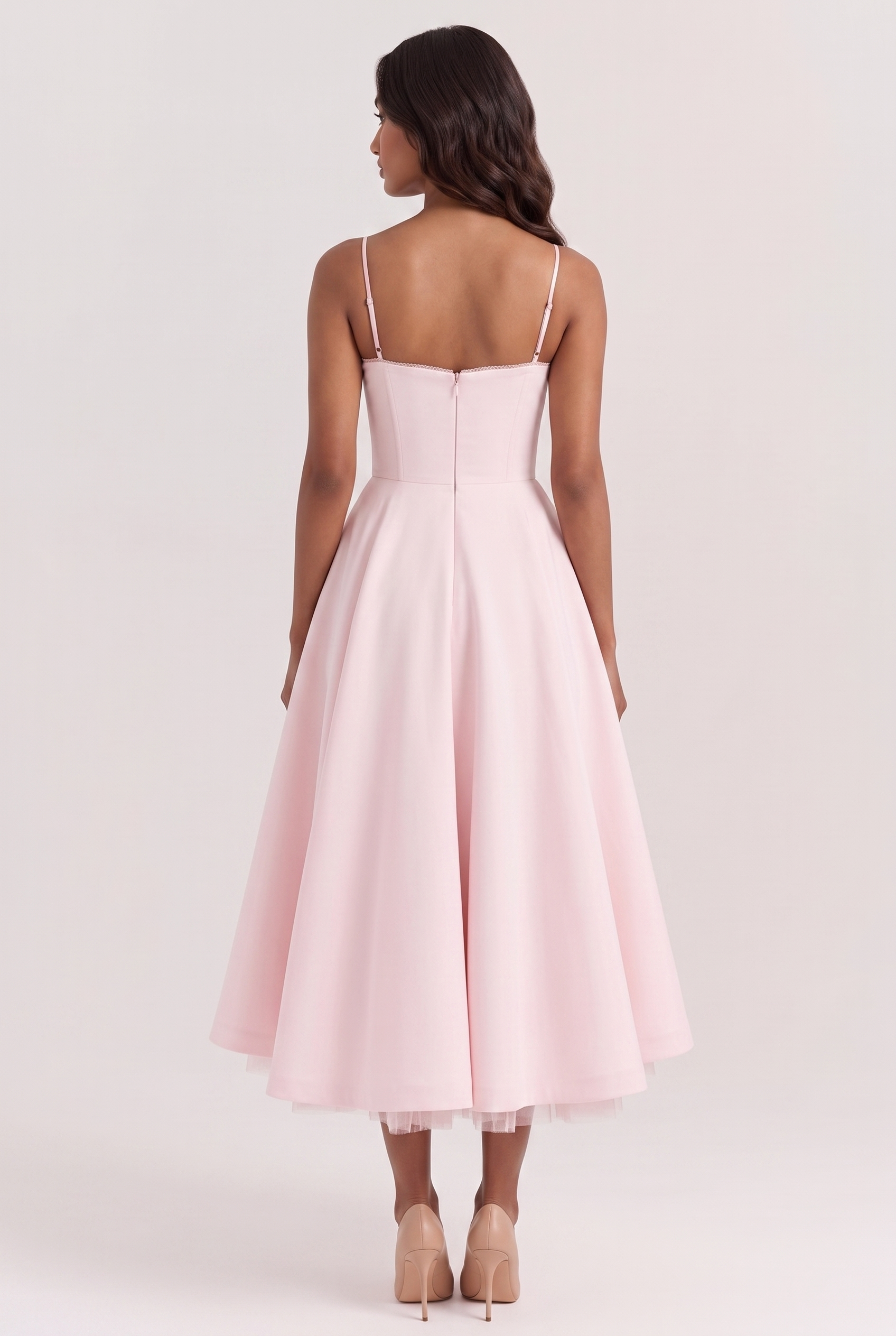 Blush Pink Satin Corset Midi Dress with Tulle Hem - Back View