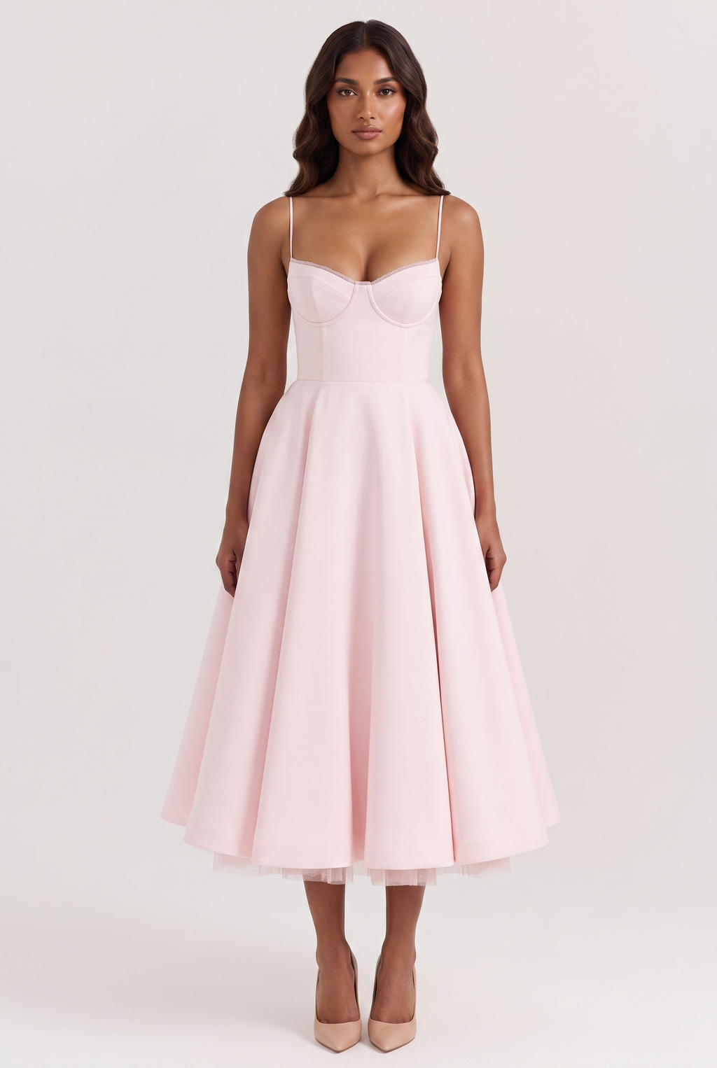 Blush Pink Satin Corset Midi Dress with Tulle Hem - Front View