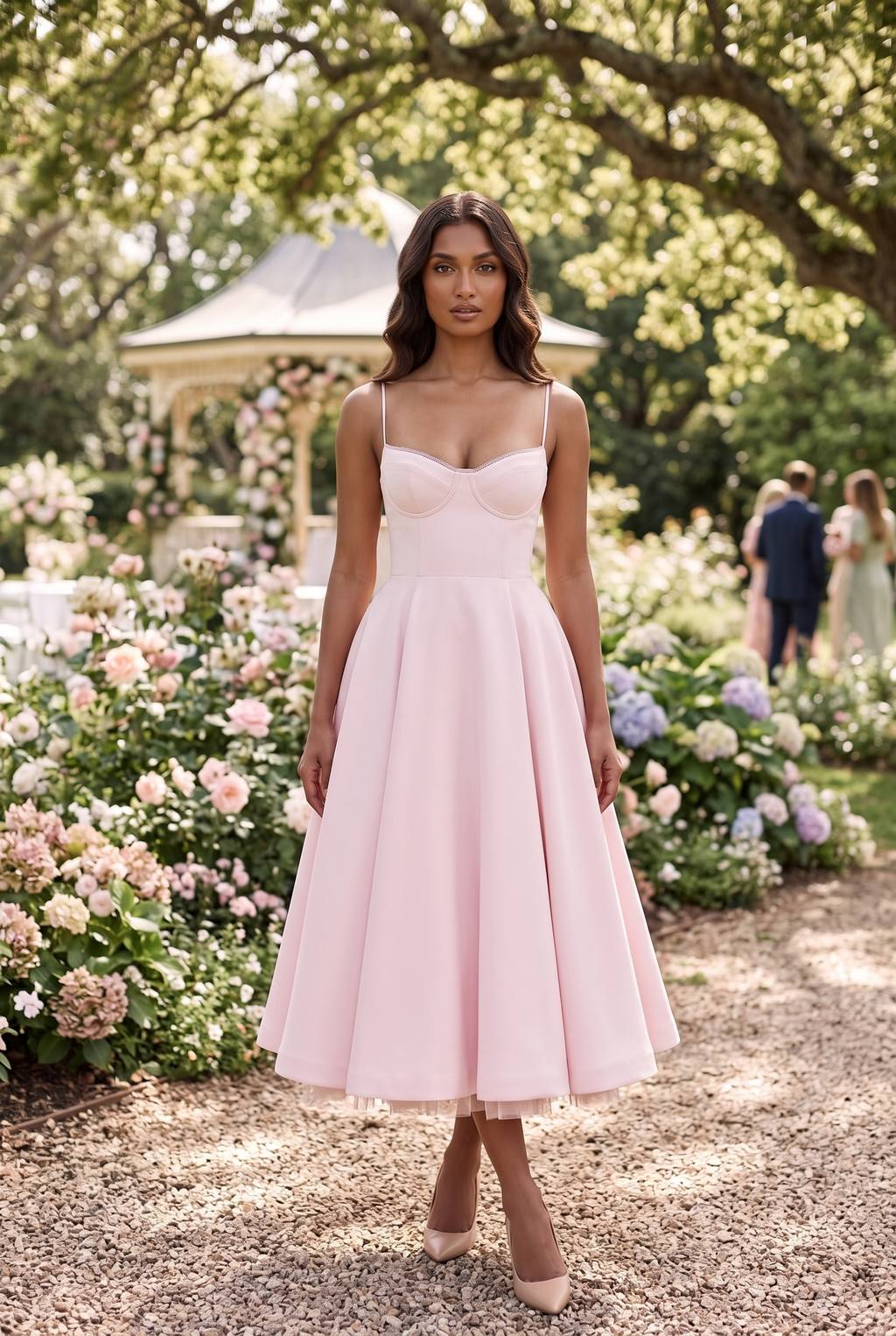 Blush Pink Satin Corset Midi Dress with Tulle Hem - Lifestyle