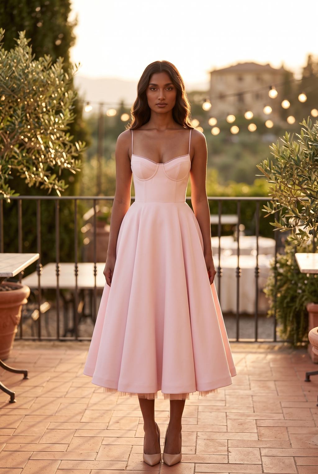 Blush Pink Satin Corset Midi Dress with Tulle Hem - Lifestyle