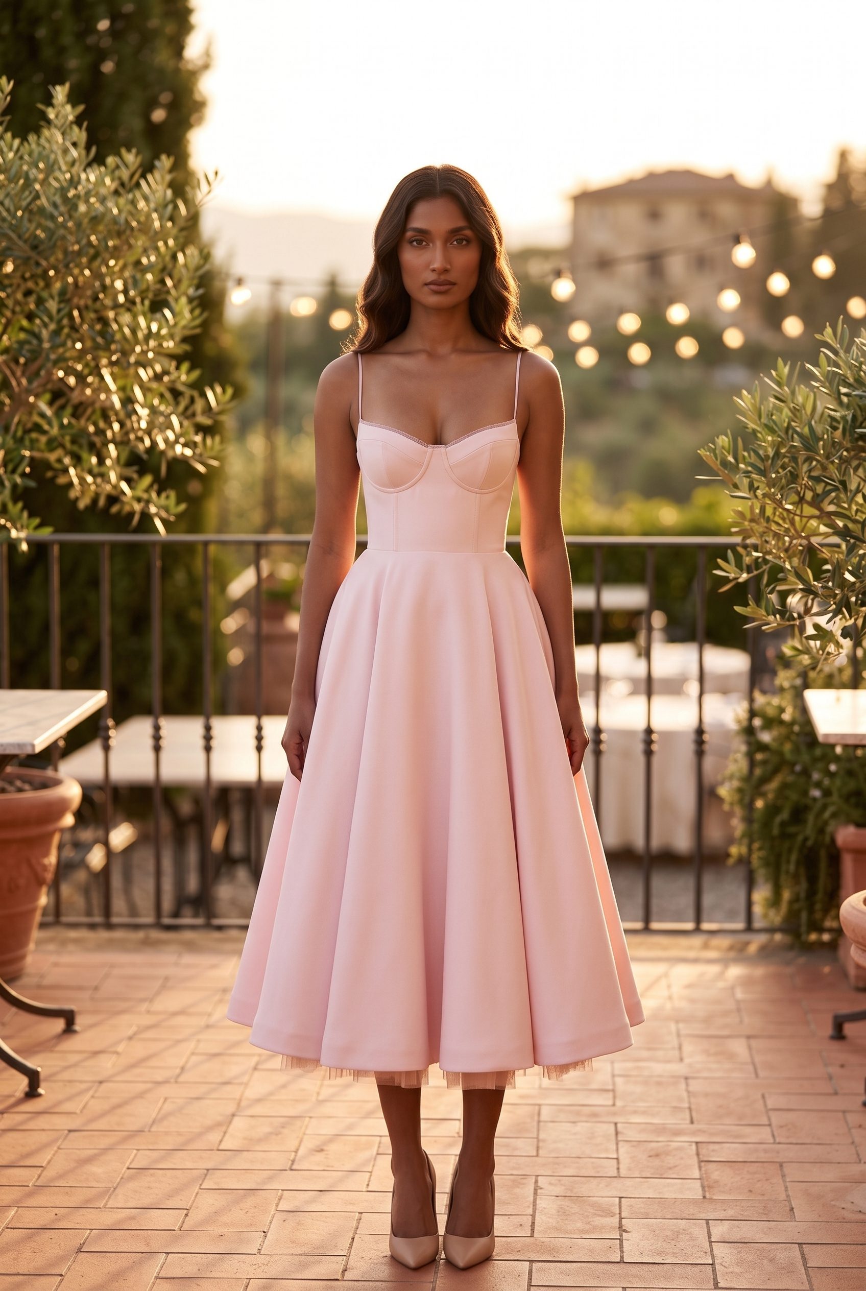 Blush Pink Satin Corset Midi Dress with Tulle Hem - Lifestyle