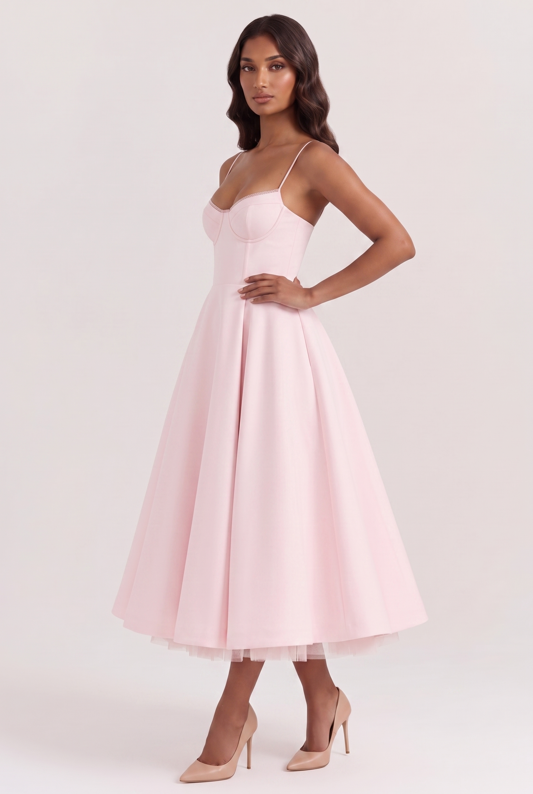 Blush Pink Satin Corset Midi Dress with Tulle Hem - Side View