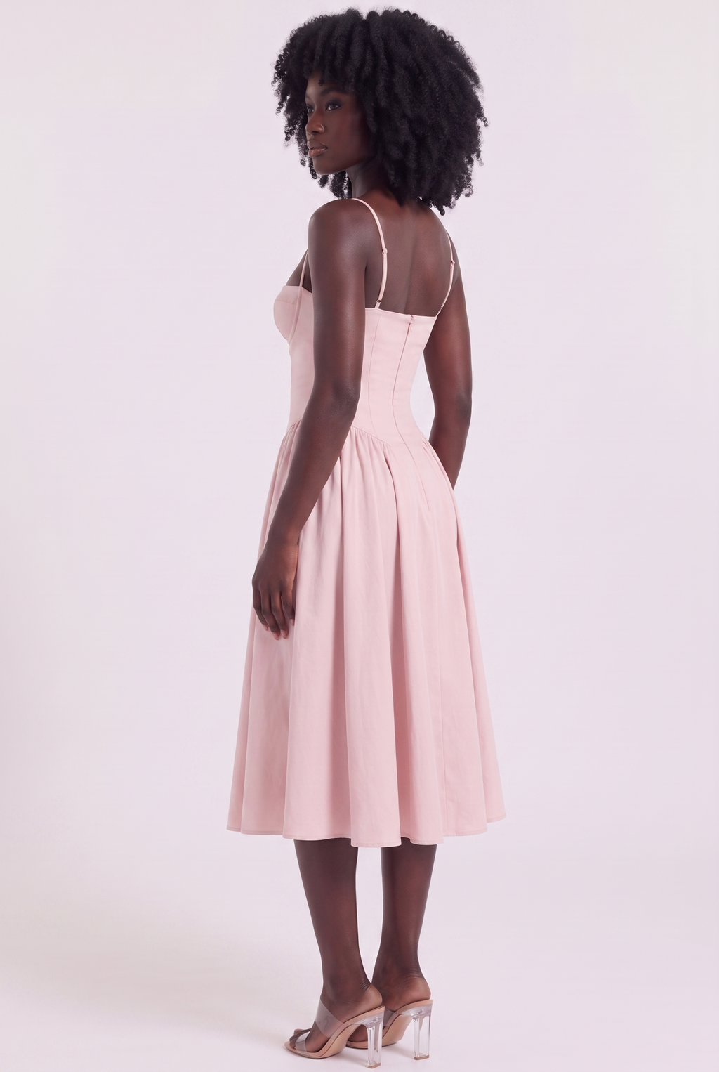 Blush Pink Twill Sweetheart Midi Dress with Pockets - Back View