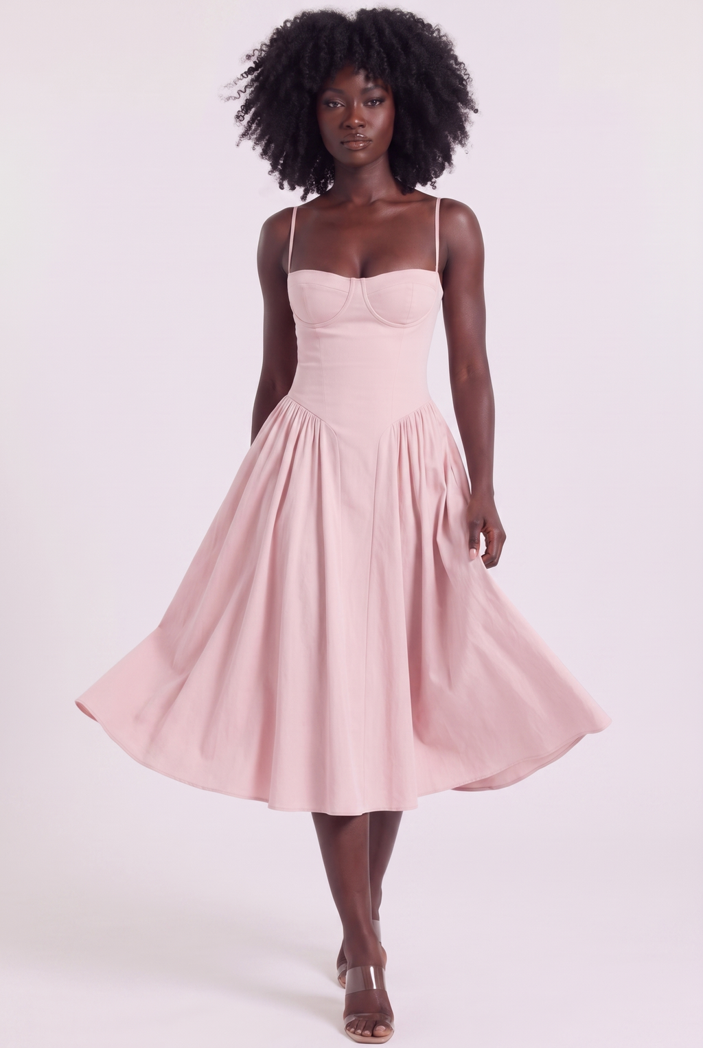 Blush Pink Twill Sweetheart Midi Dress with Pockets - Front View in Motion