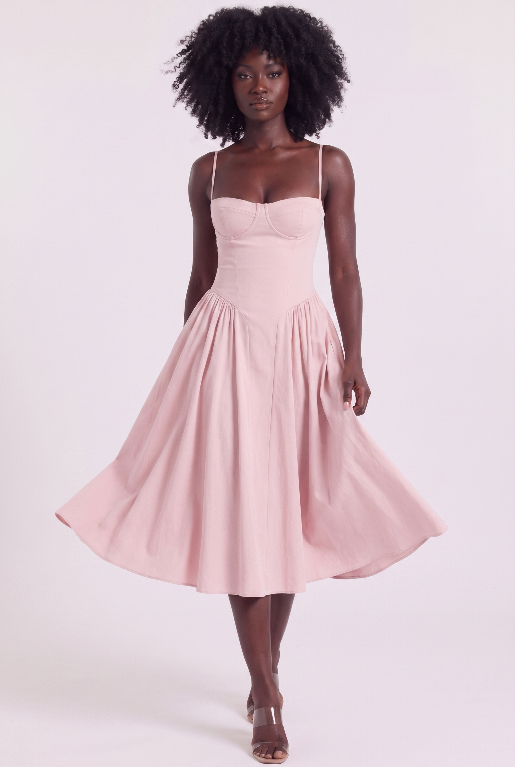 Blush Pink Twill Sweetheart Midi Dress with Pockets - Front View in Motion