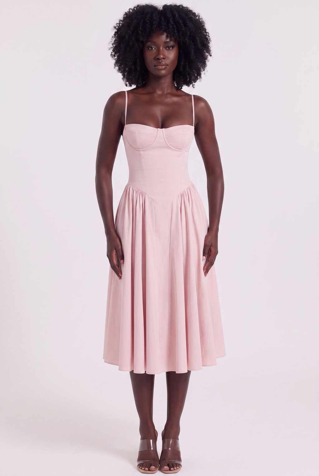 Blush Pink Twill Sweetheart Midi Dress with Pockets - Front View