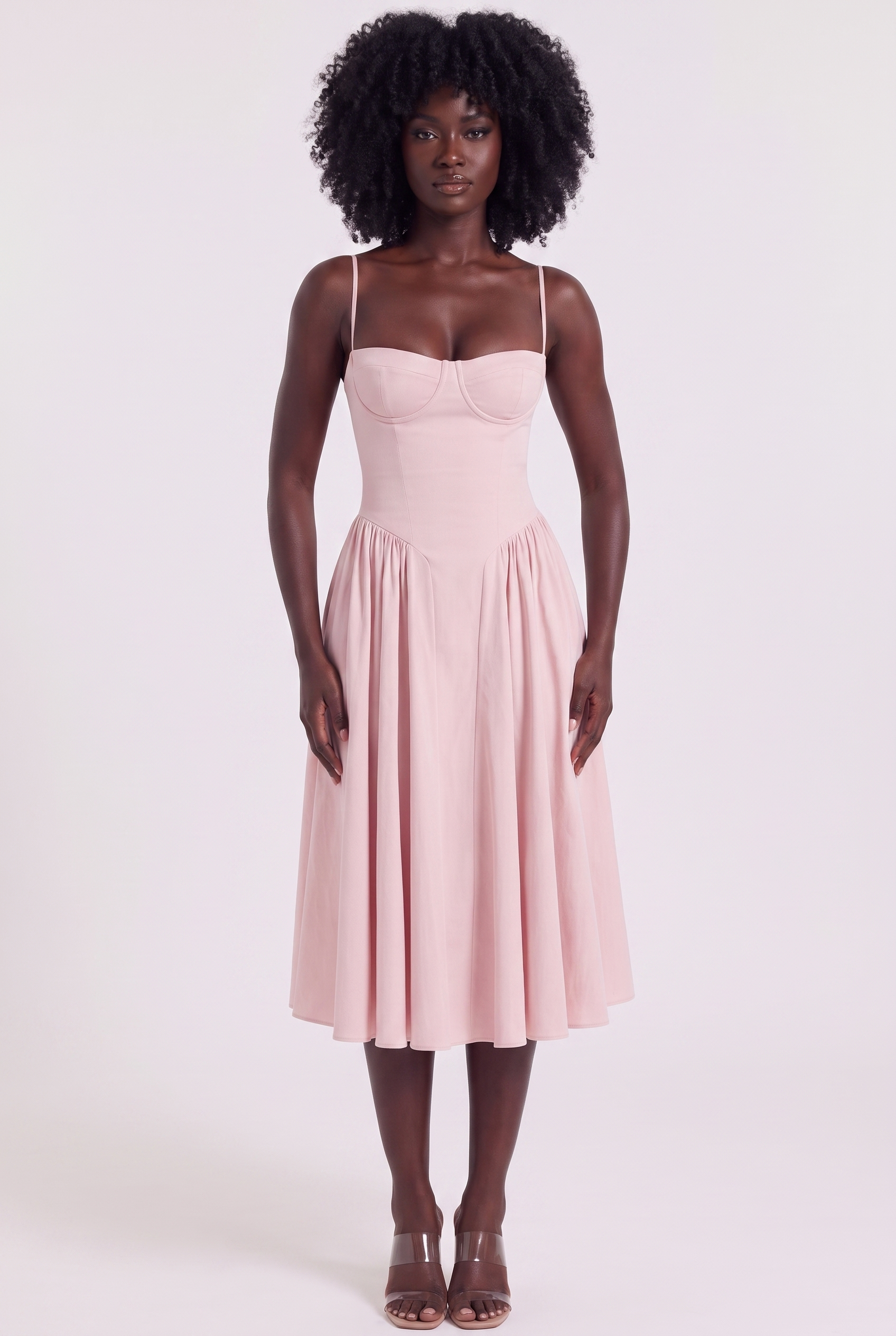 Blush Pink Twill Sweetheart Midi Dress with Pockets - Front View