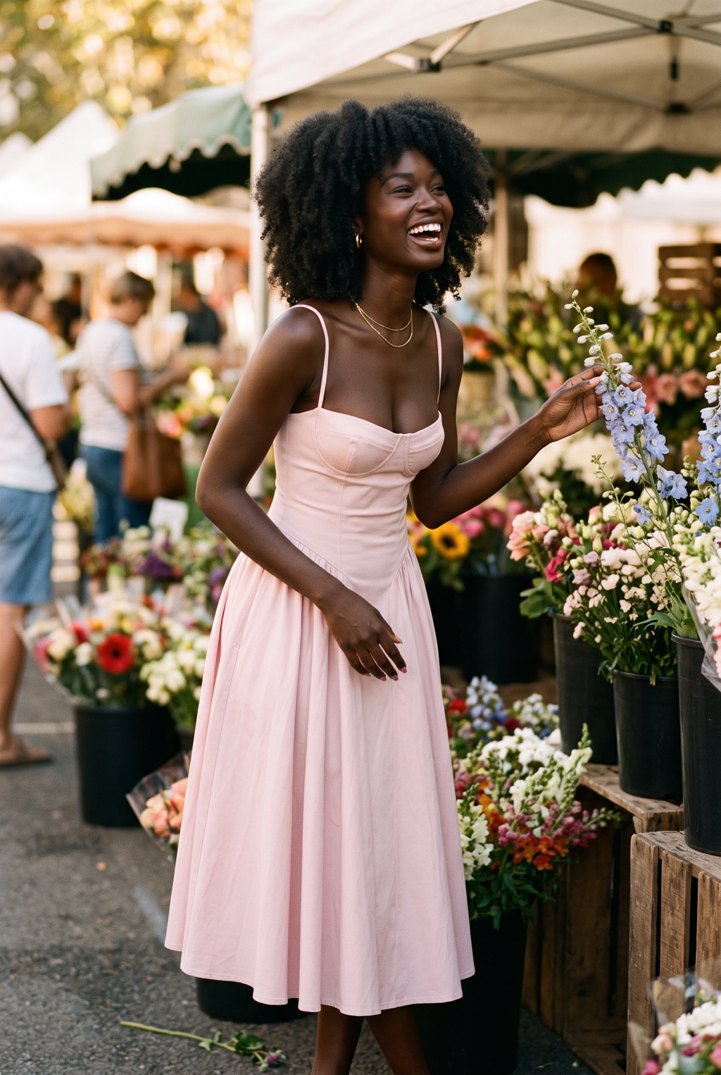 Blush Pink Twill Sweetheart Midi Dress with Pockets - Lifestyle