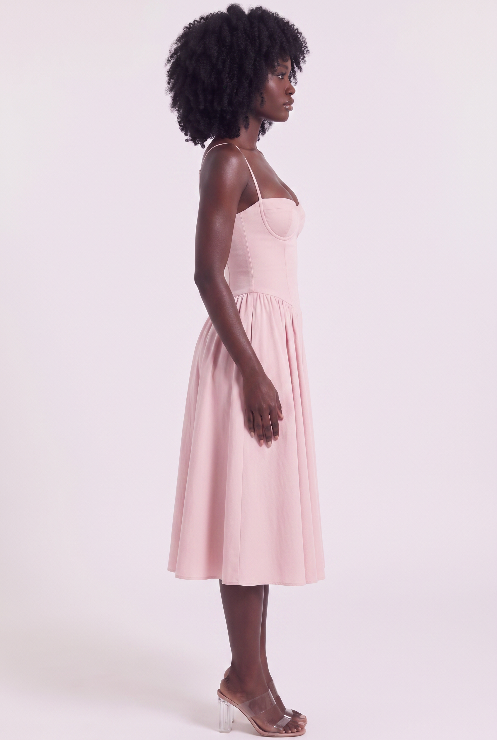 Blush Pink Twill Sweetheart Midi Dress with Pockets - Side View