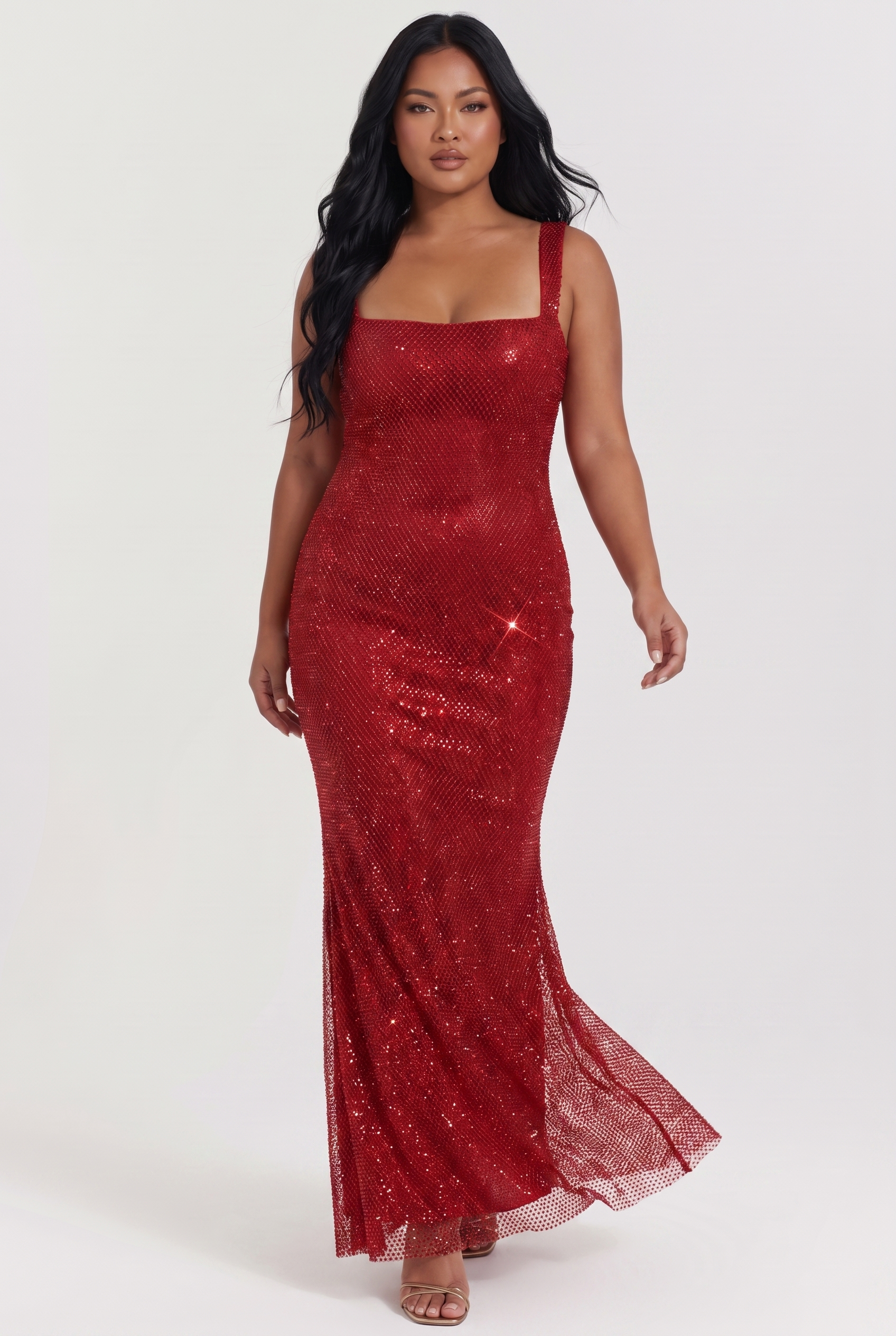 Burgundy Rhinestone Mesh Maxi Dress with Fishtail Hem - Front View in Motion