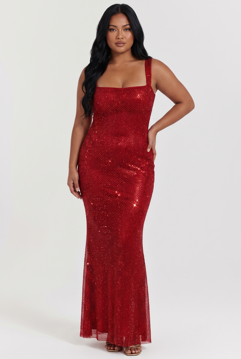 Burgundy Rhinestone Mesh Maxi Dress with Fishtail Hem - Front View
