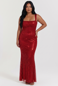 Burgundy Rhinestone Mesh Maxi Dress with Fishtail Hem - Front View