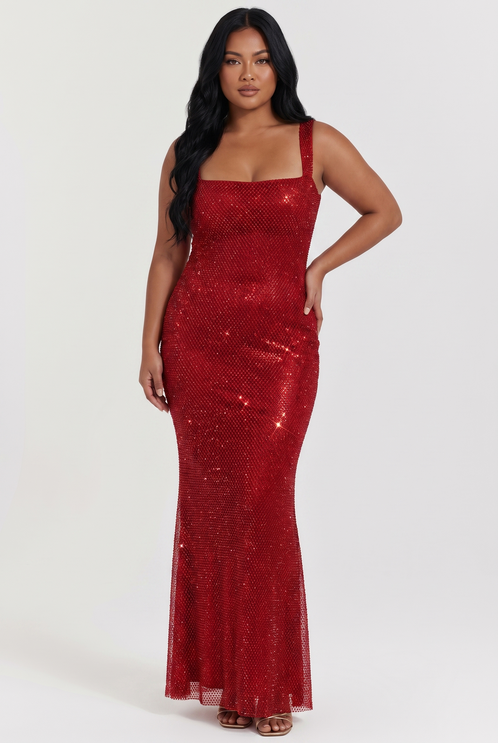 Burgundy Rhinestone Mesh Maxi Dress with Fishtail Hem - Front View