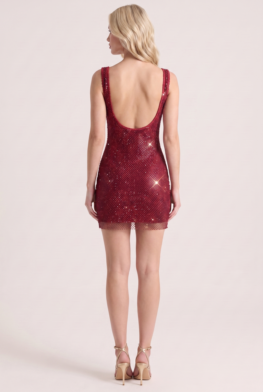 Burgundy Rhinestone Mesh Mini Dress with Low Back - Back View