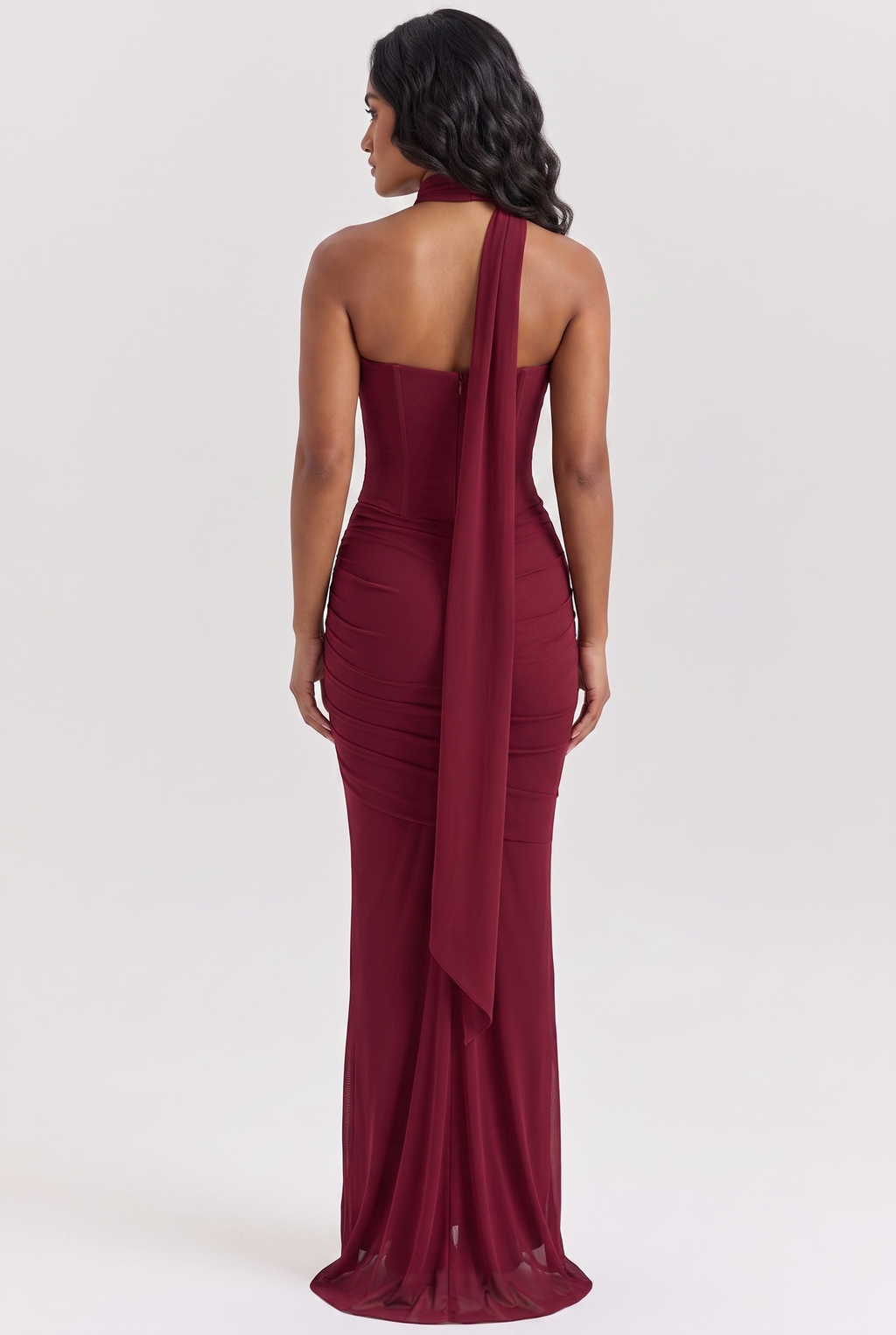 Burgundy Ruched Mesh Corset & Skirt Set with Scarf - Back View