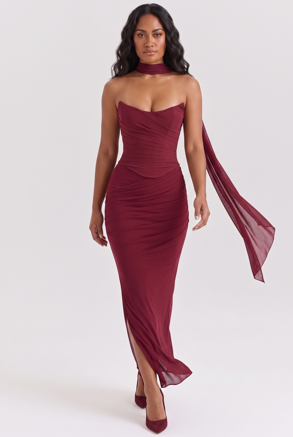 Burgundy Ruched Mesh Corset & Skirt Set with Scarf - Front View in Motion