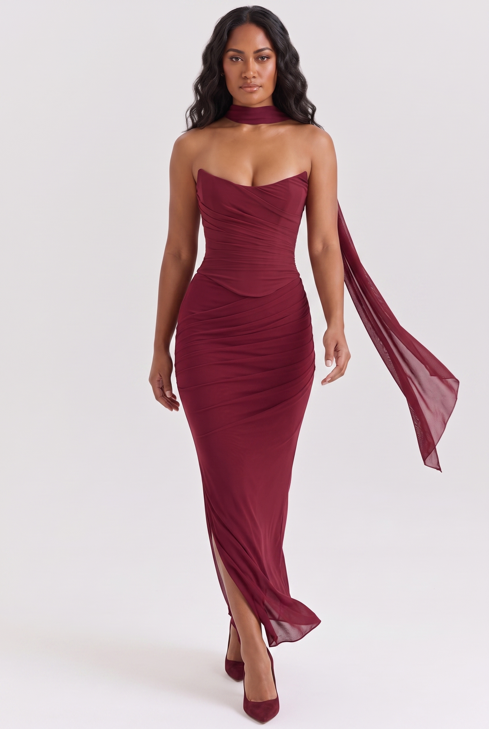 Burgundy Ruched Mesh Corset & Skirt Set with Scarf - Front View in Motion