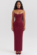 Burgundy Ruched Mesh Corset & Skirt Set with Scarf - Front View