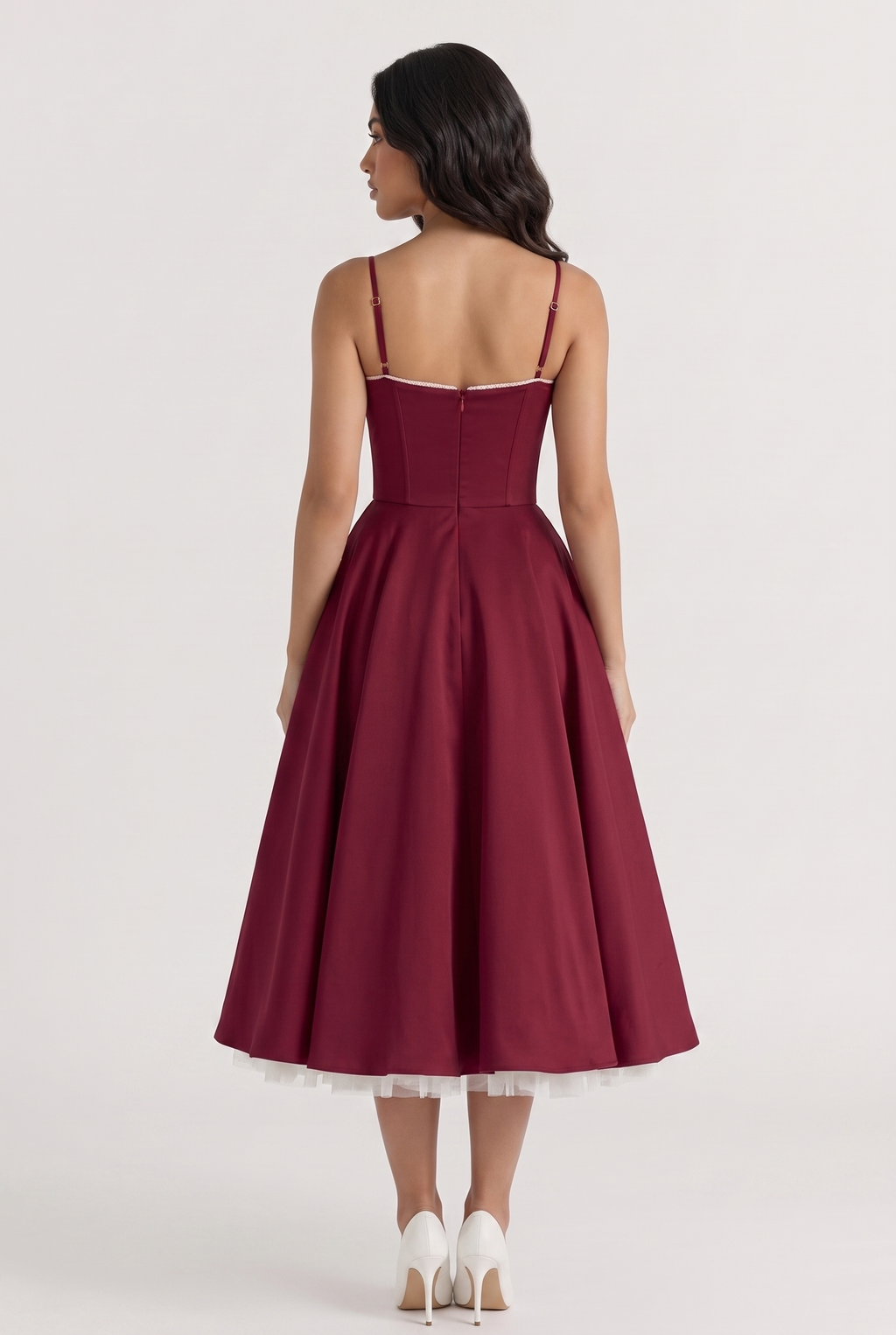 Burgundy Satin Corset Midi Dress with Tulle Hem - Back View