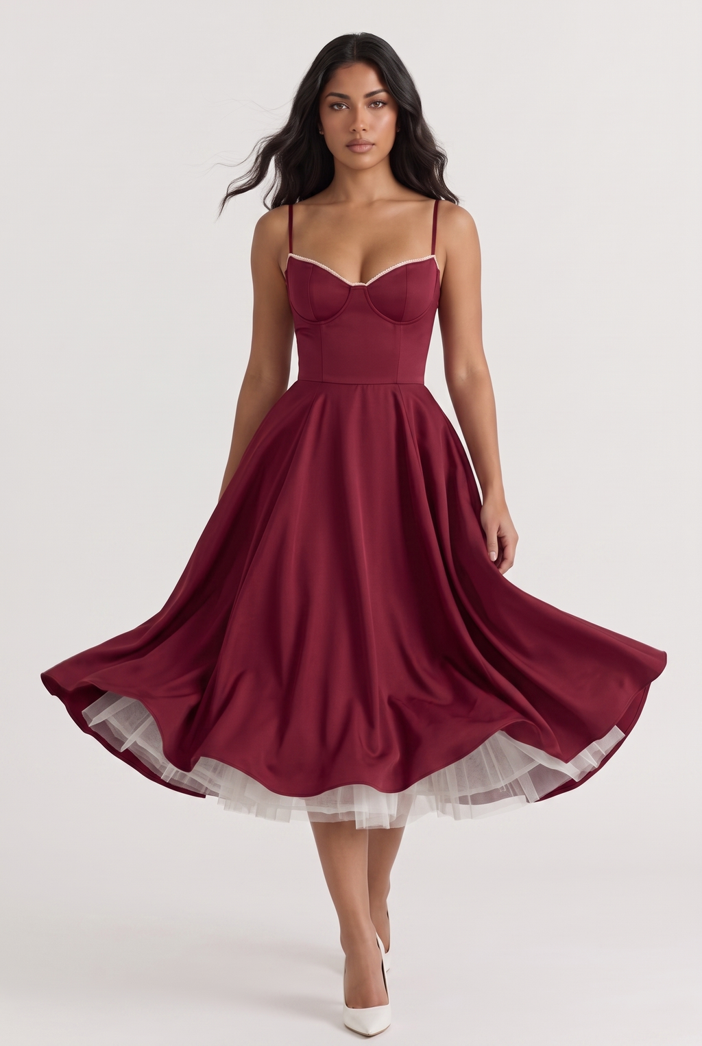 Burgundy Satin Corset Midi Dress with Tulle Hem - Front View