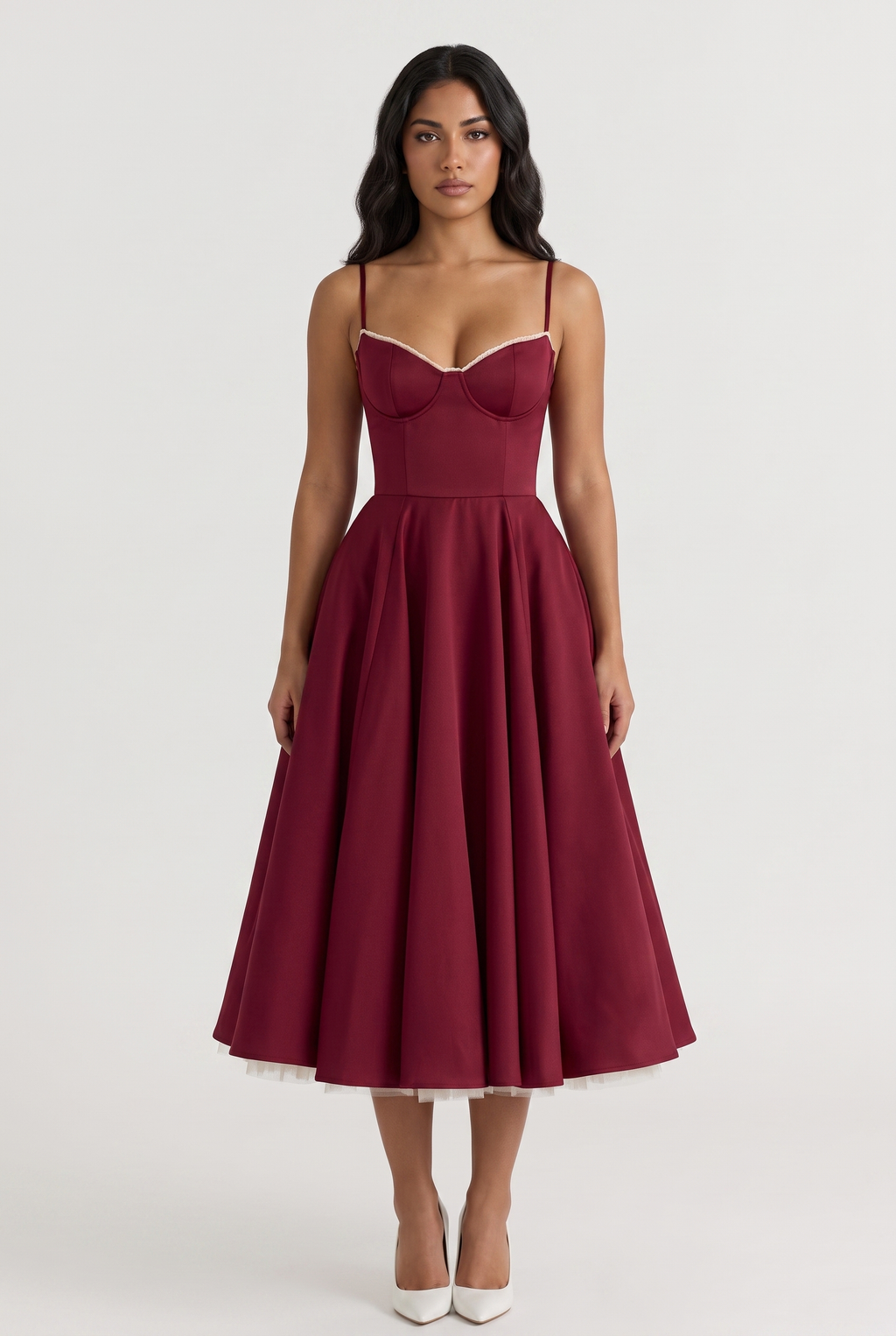 Burgundy Satin Corset Midi Dress with Tulle Hem - Front View