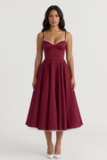 Burgundy Satin Corset Midi Dress with Tulle Hem - Front View