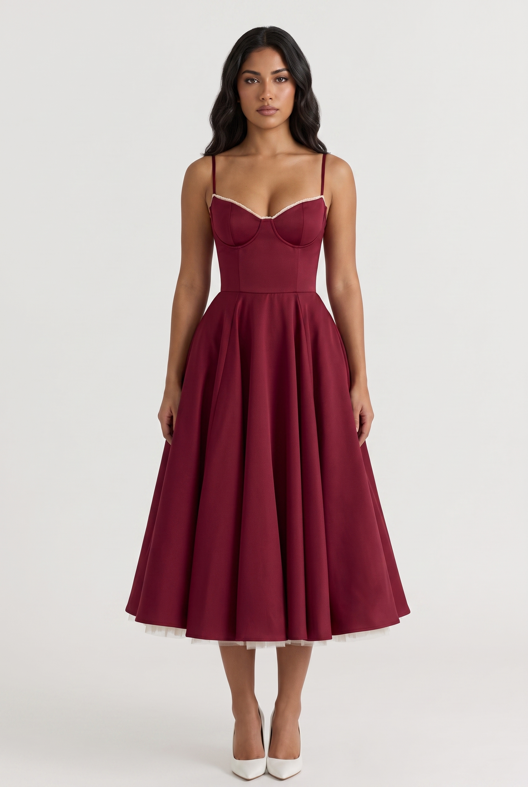 Burgundy Satin Corset Midi Dress with Tulle Hem - Front View