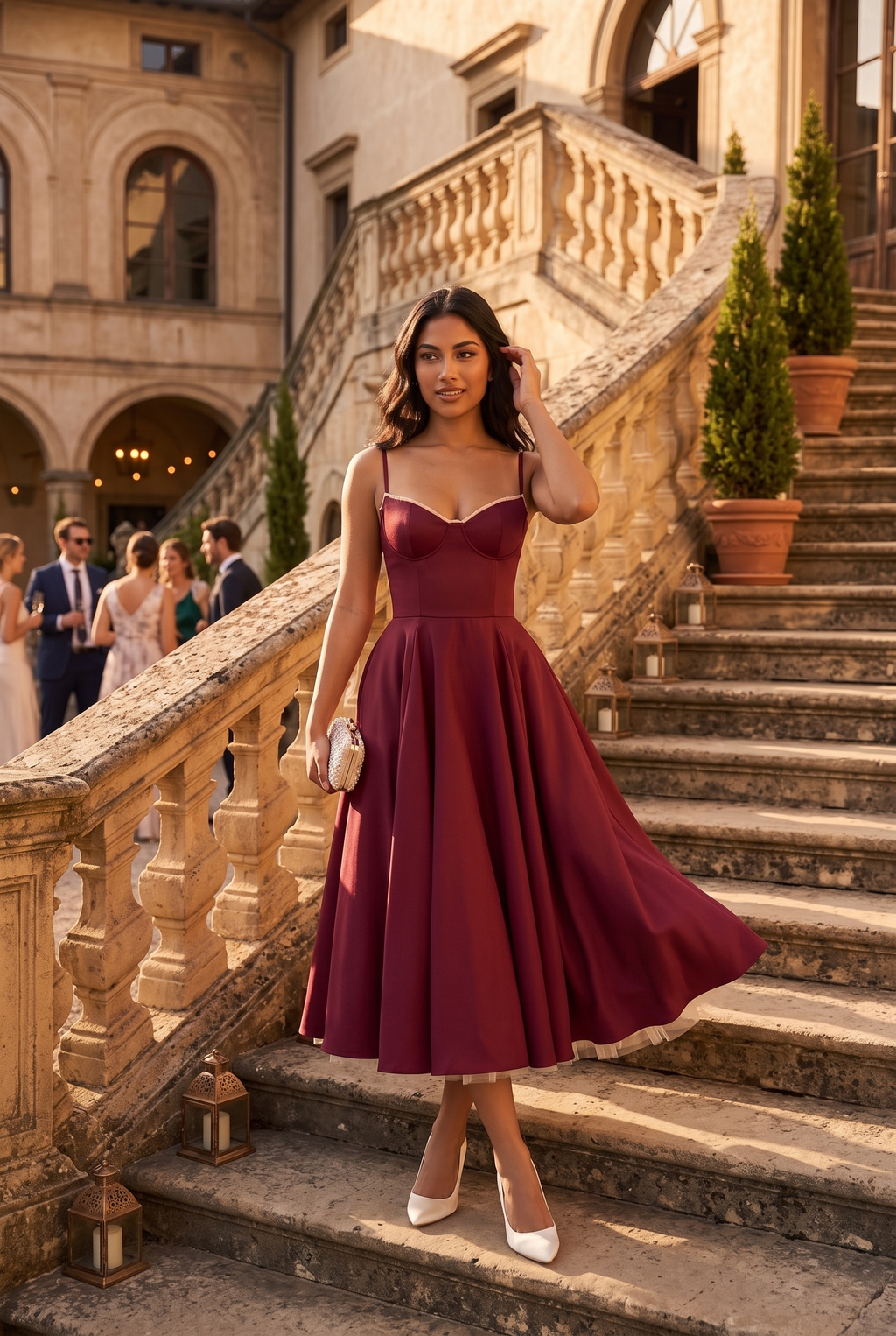 Burgundy Satin Corset Midi Dress with Tulle Hem - Lifestyle
