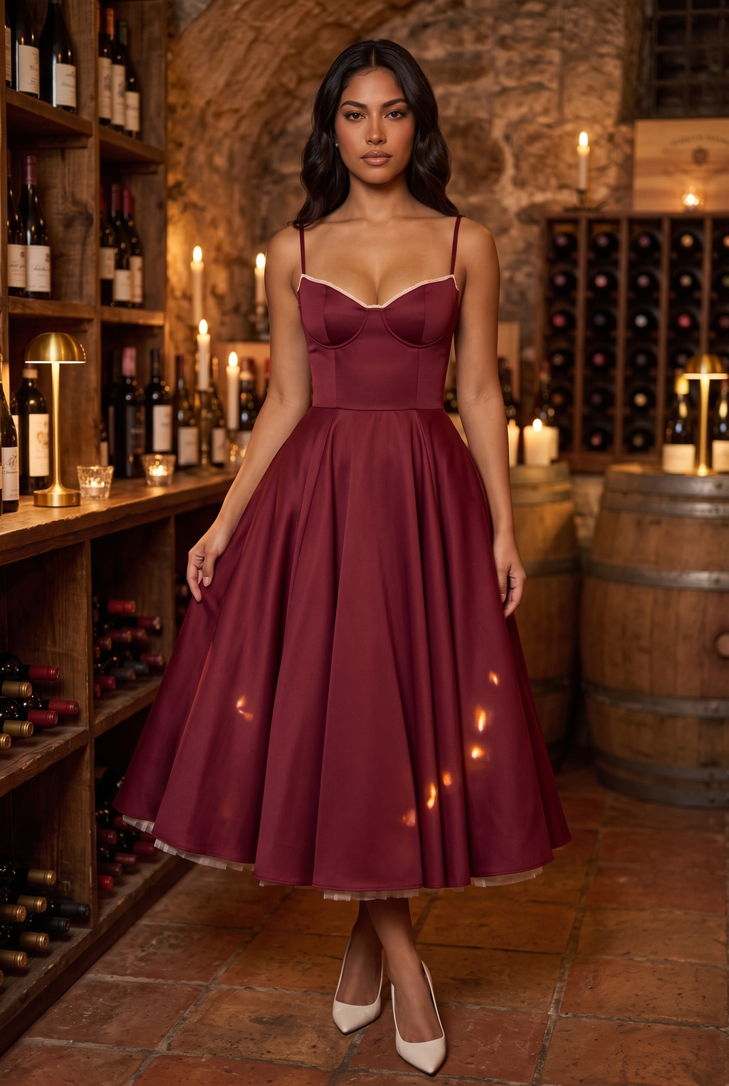 Burgundy Satin Corset Midi Dress with Tulle Hem - Lifestyle