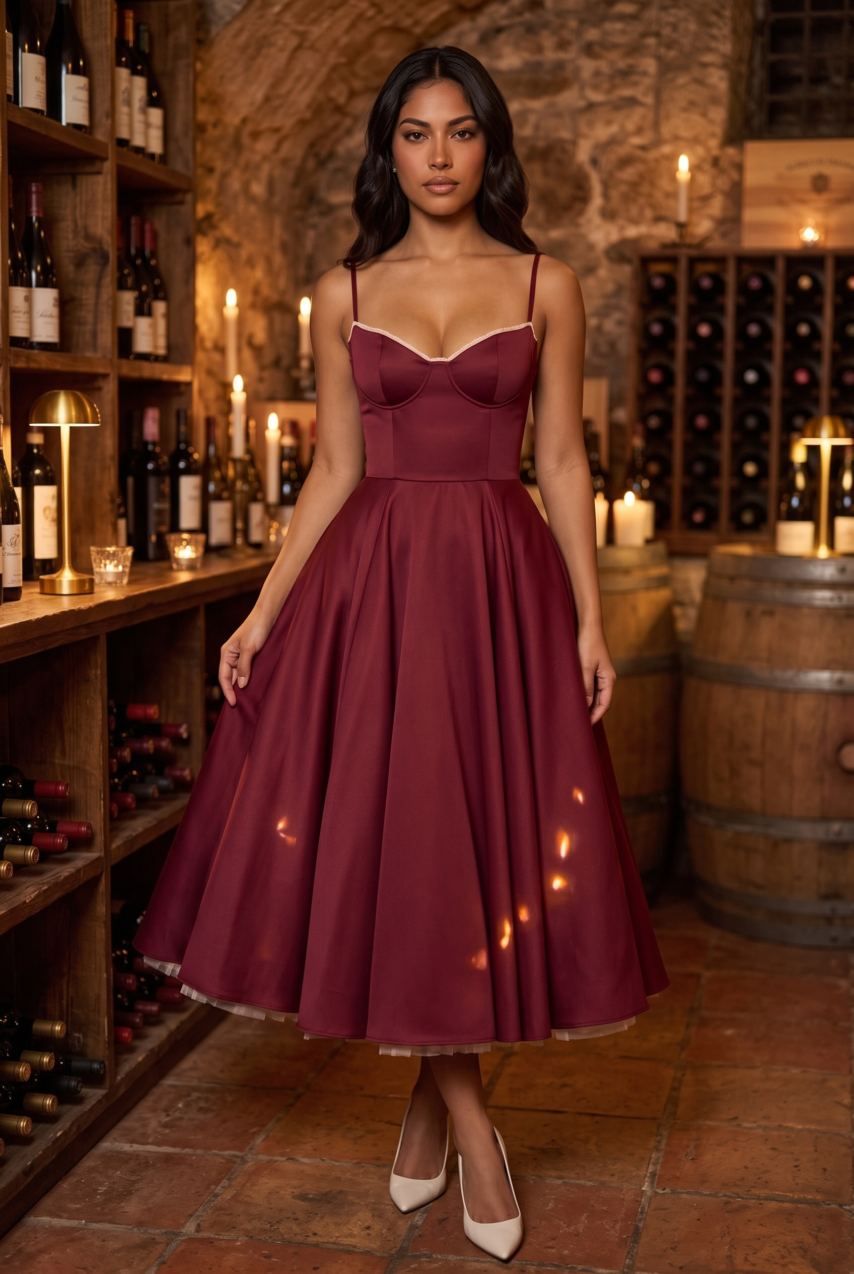Burgundy Satin Corset Midi Dress with Tulle Hem - Lifestyle