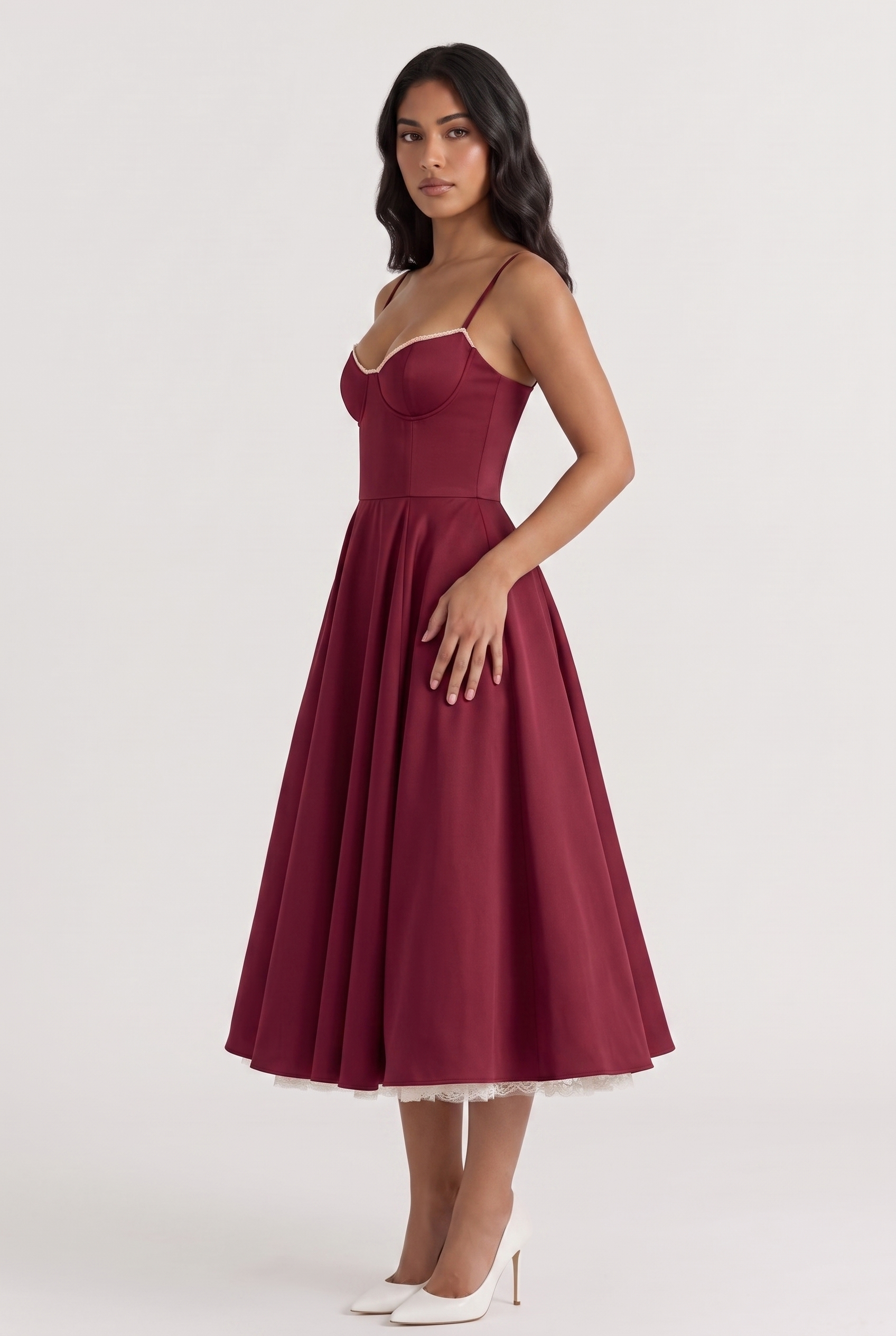 Burgundy Satin Corset Midi Dress with Tulle Hem - Side View