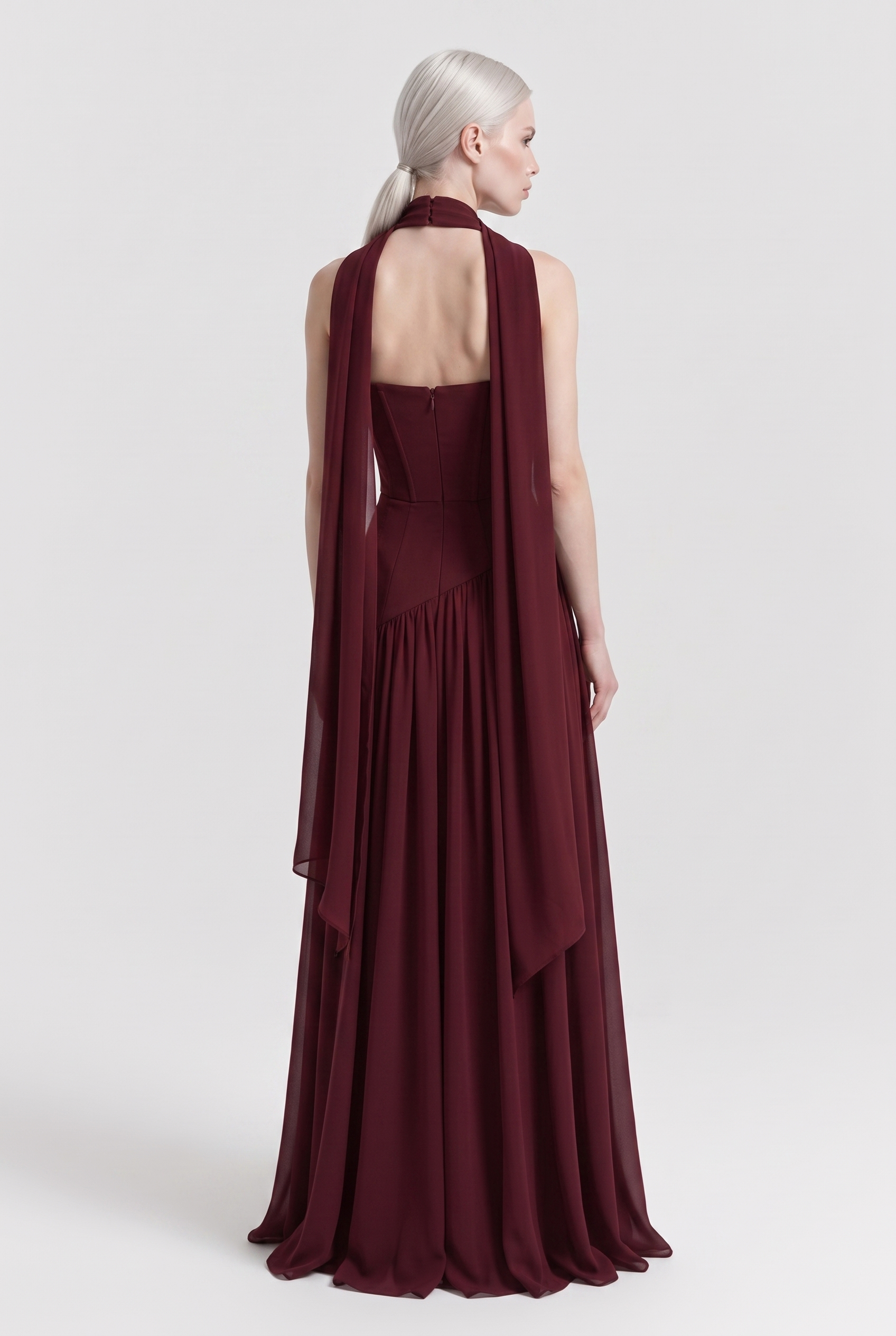 Burgundy Strapless Chiffon Maxi Dress with Cape Scarf - Back View