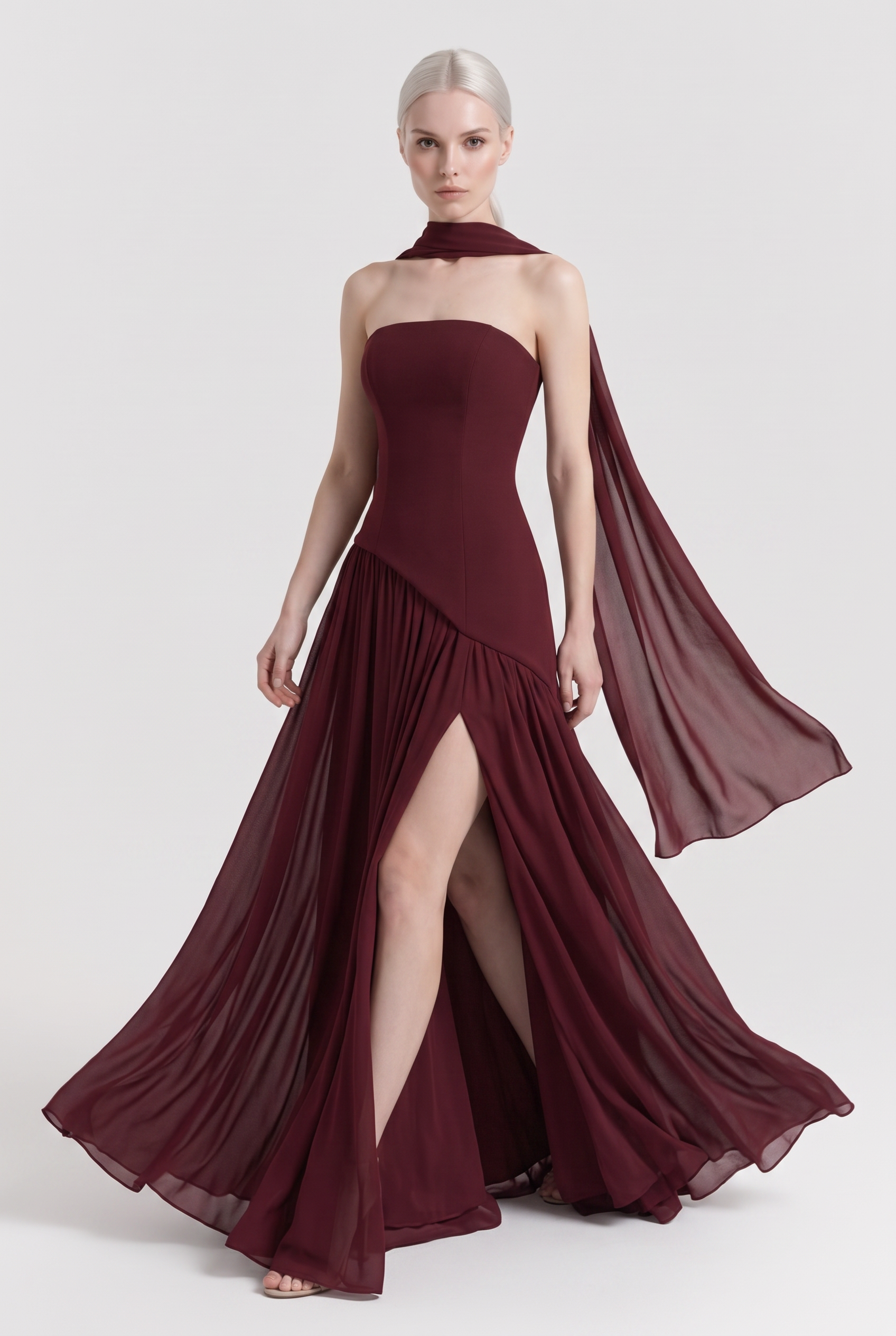 Burgundy Strapless Chiffon Maxi Dress with Cape Scarf - Front View