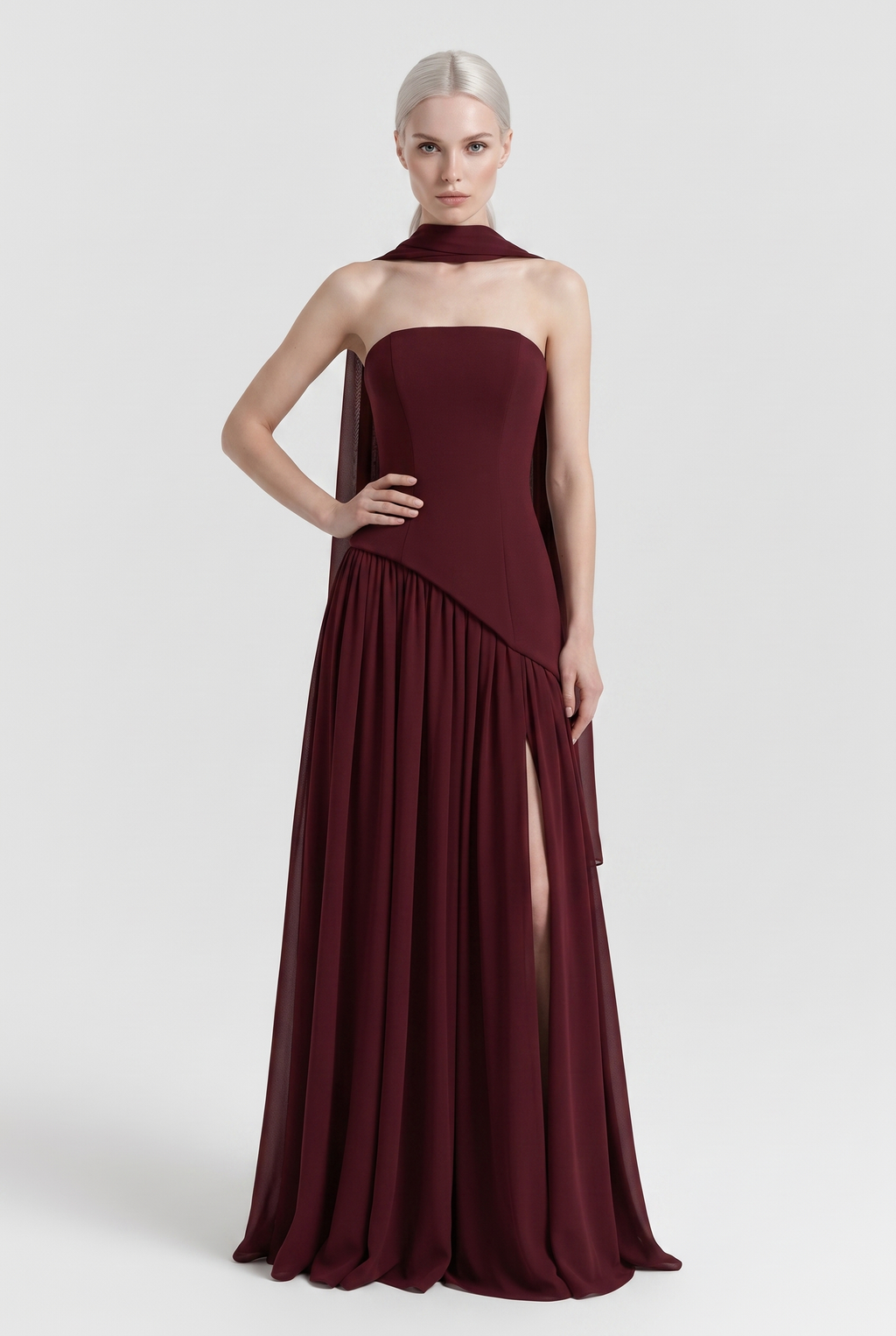 Burgundy Strapless Chiffon Maxi Dress with Cape Scarf - Front View