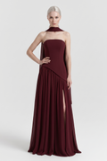 Burgundy Strapless Chiffon Maxi Dress with Cape Scarf - Front View