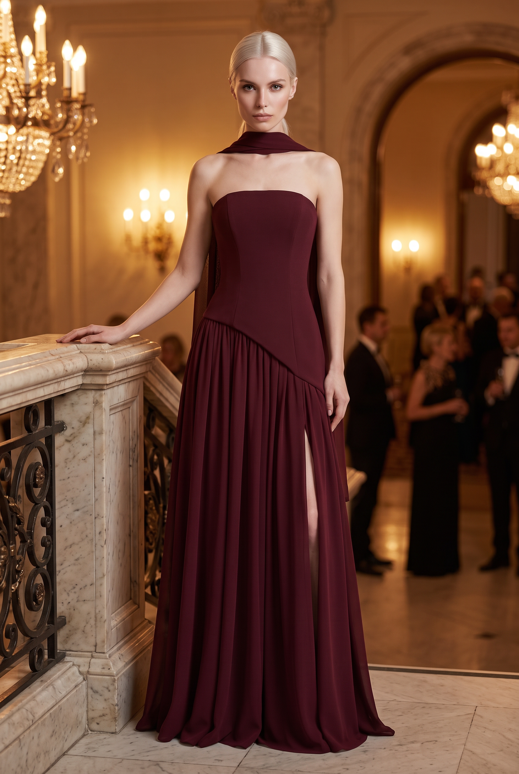 Burgundy Strapless Chiffon Maxi Dress with Cape Scarf - Lifestyle